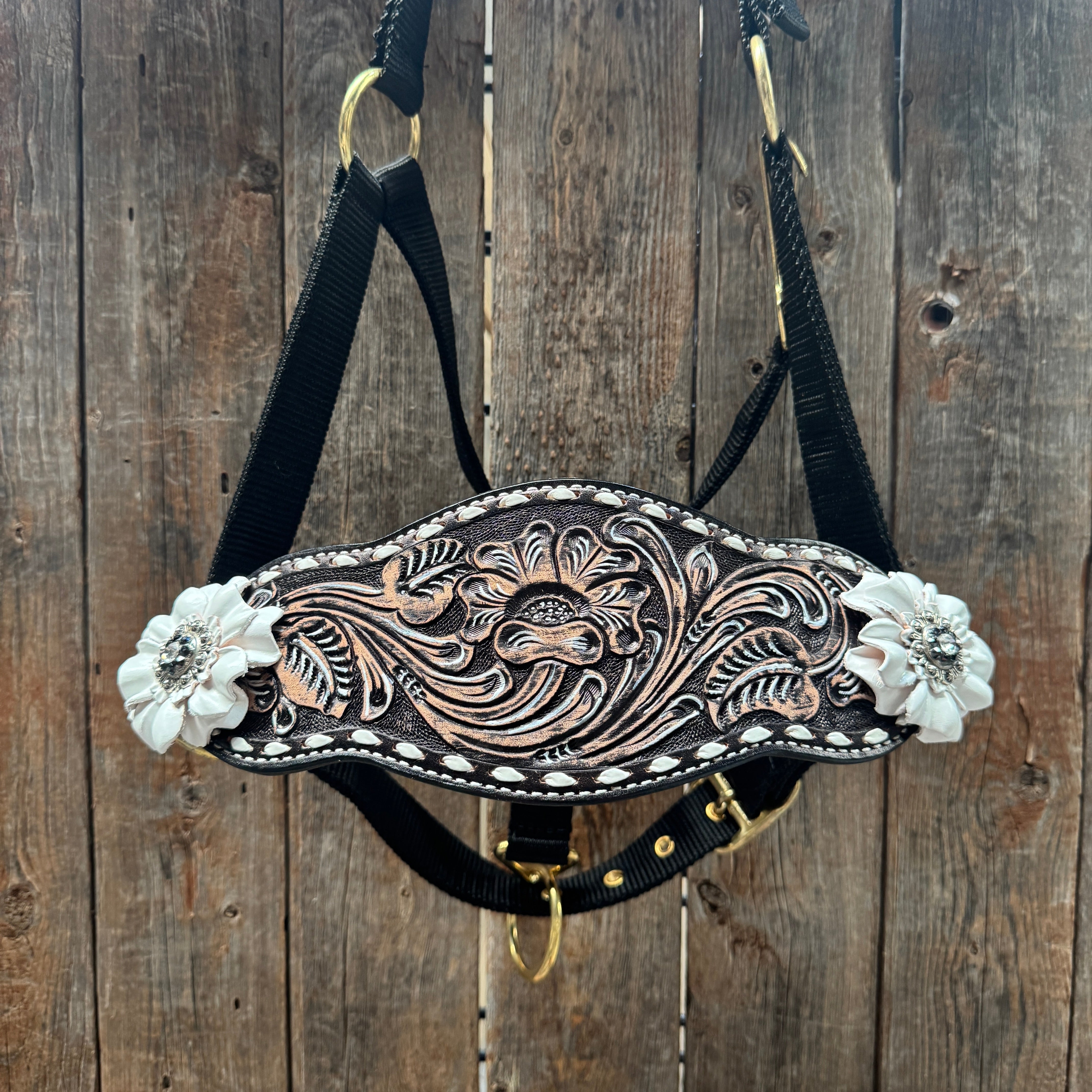 Black Nylon Horse Halter – Bronc Noseband with Crystal Conchos NH103