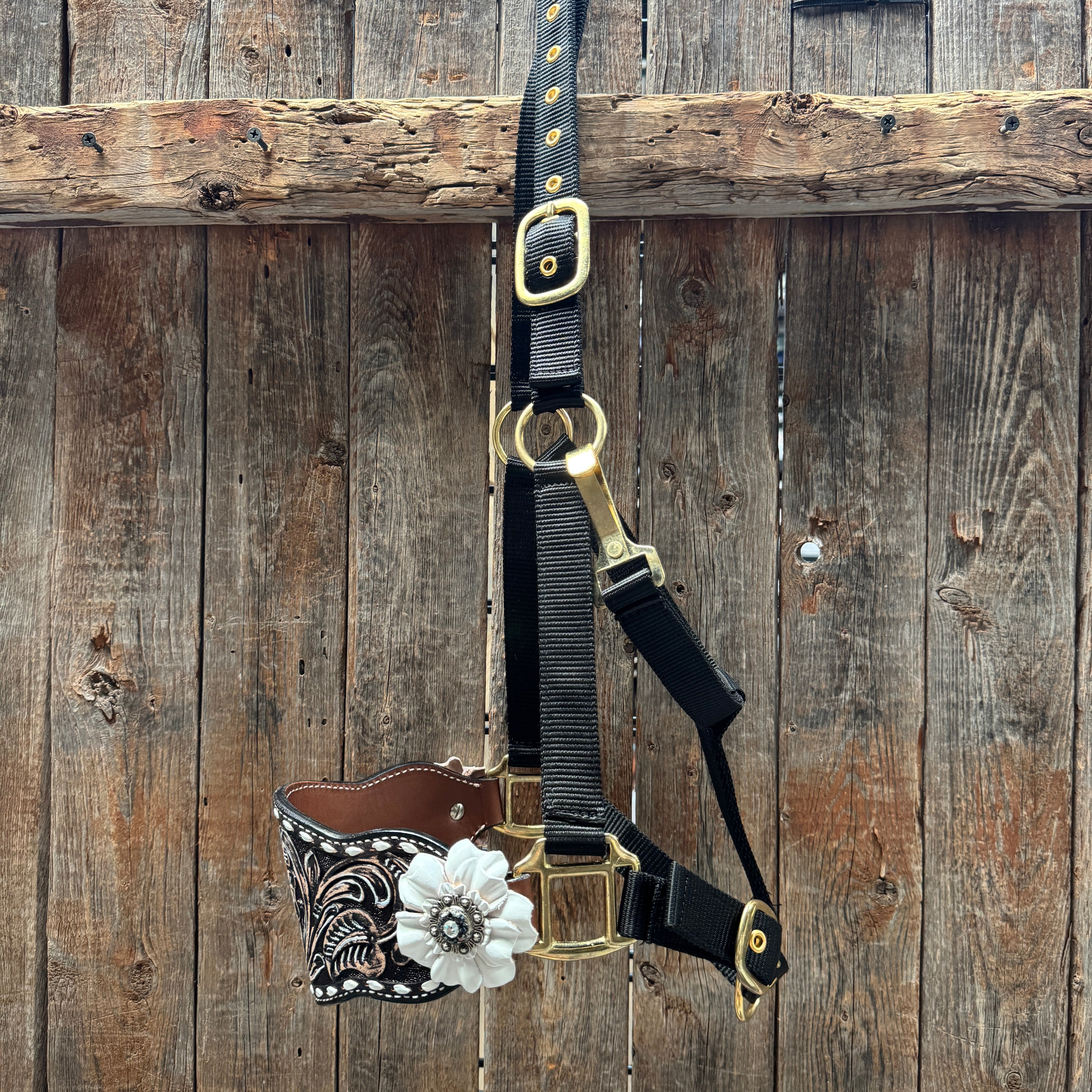 Black Nylon Horse Halter – Bronc Noseband with Crystal Conchos NH103