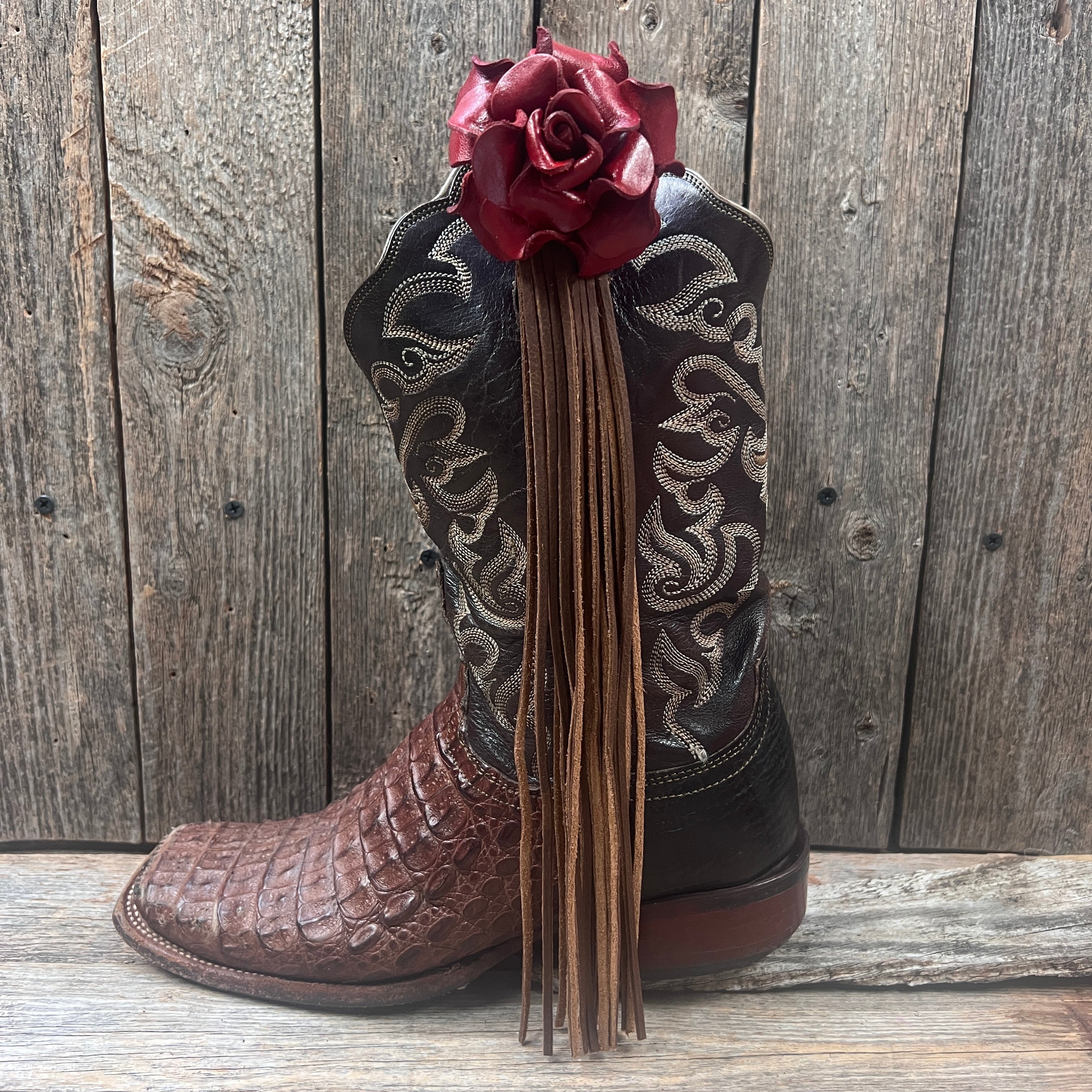 Boot Cuff Jewelry - Leather Red Rose - Fringe