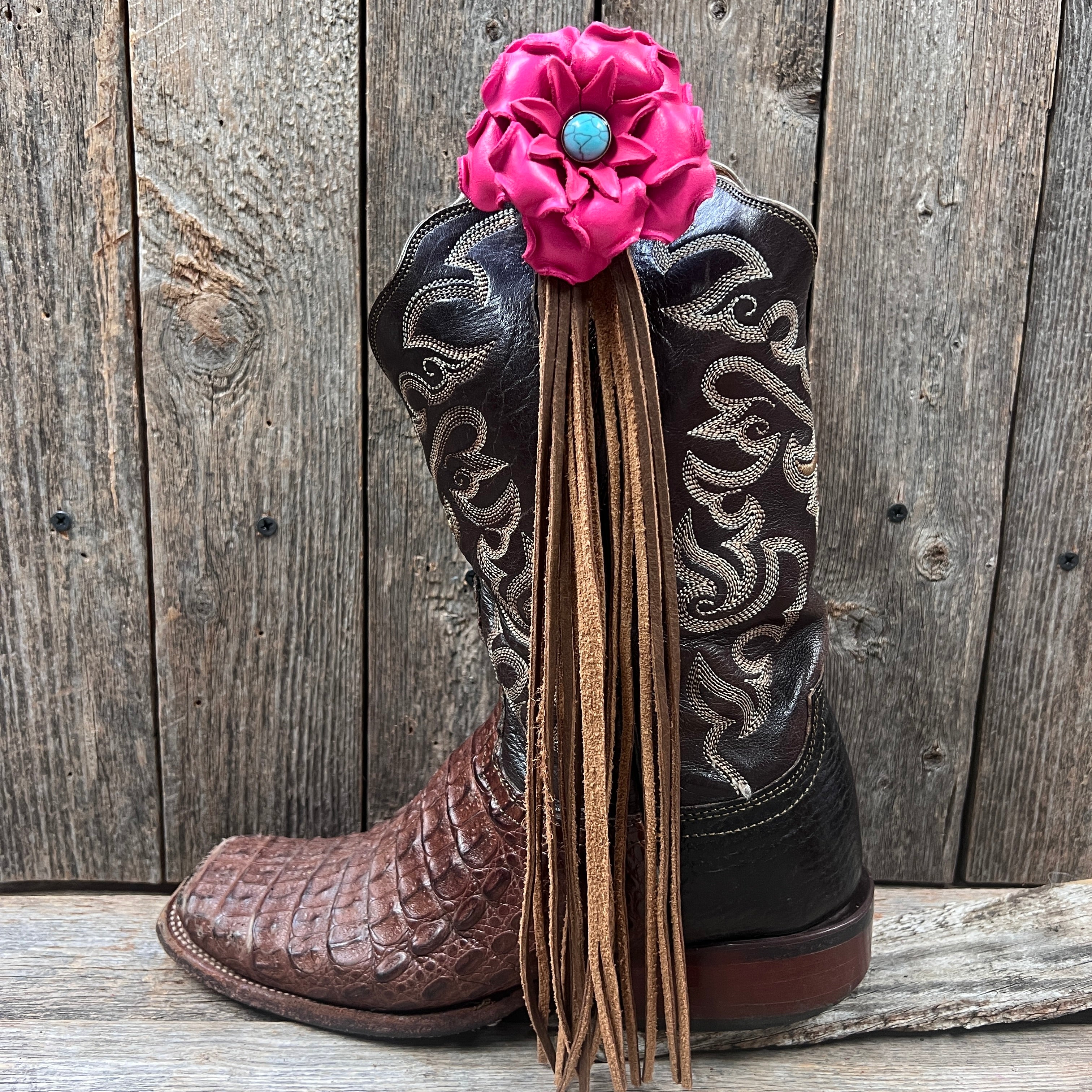 Boot Cuff Jewelry - Leather Pink Flower - Turquoise Concho - Fringe