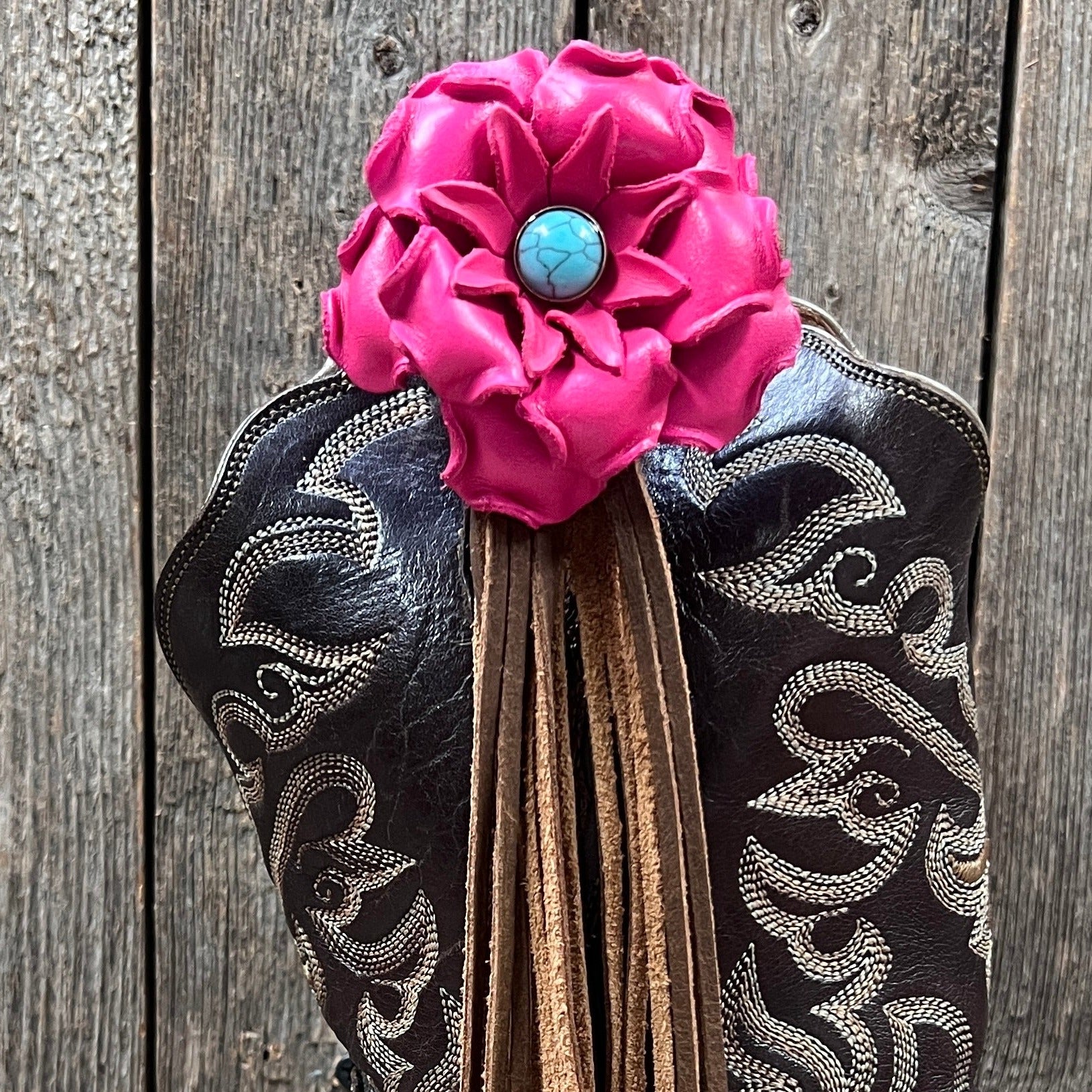 Boot Cuff Jewelry - Leather Pink Flower - Turquoise Concho - Fringe