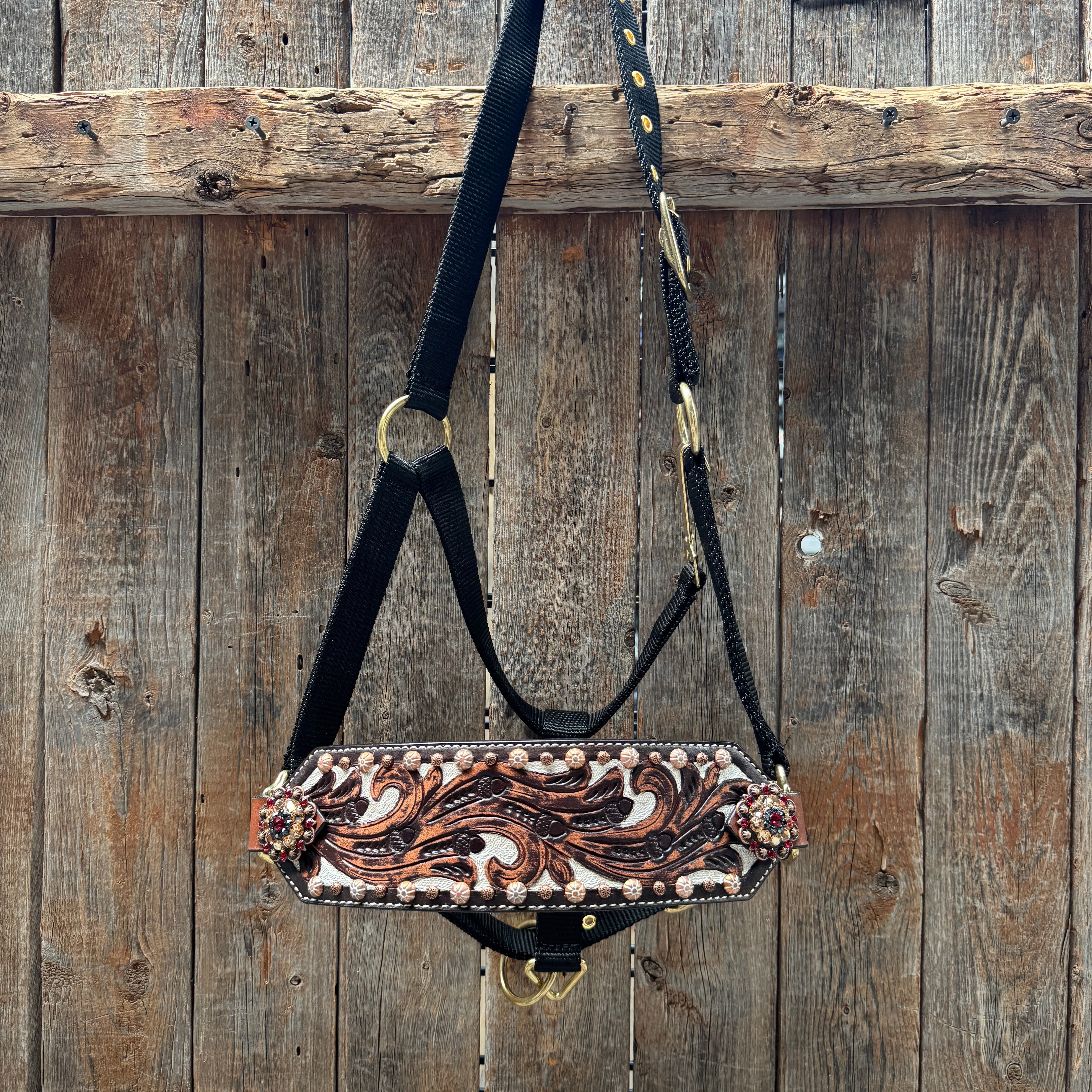 Black Nylon Horse Halter – Bronc Noseband with Crystal Conchos NH100