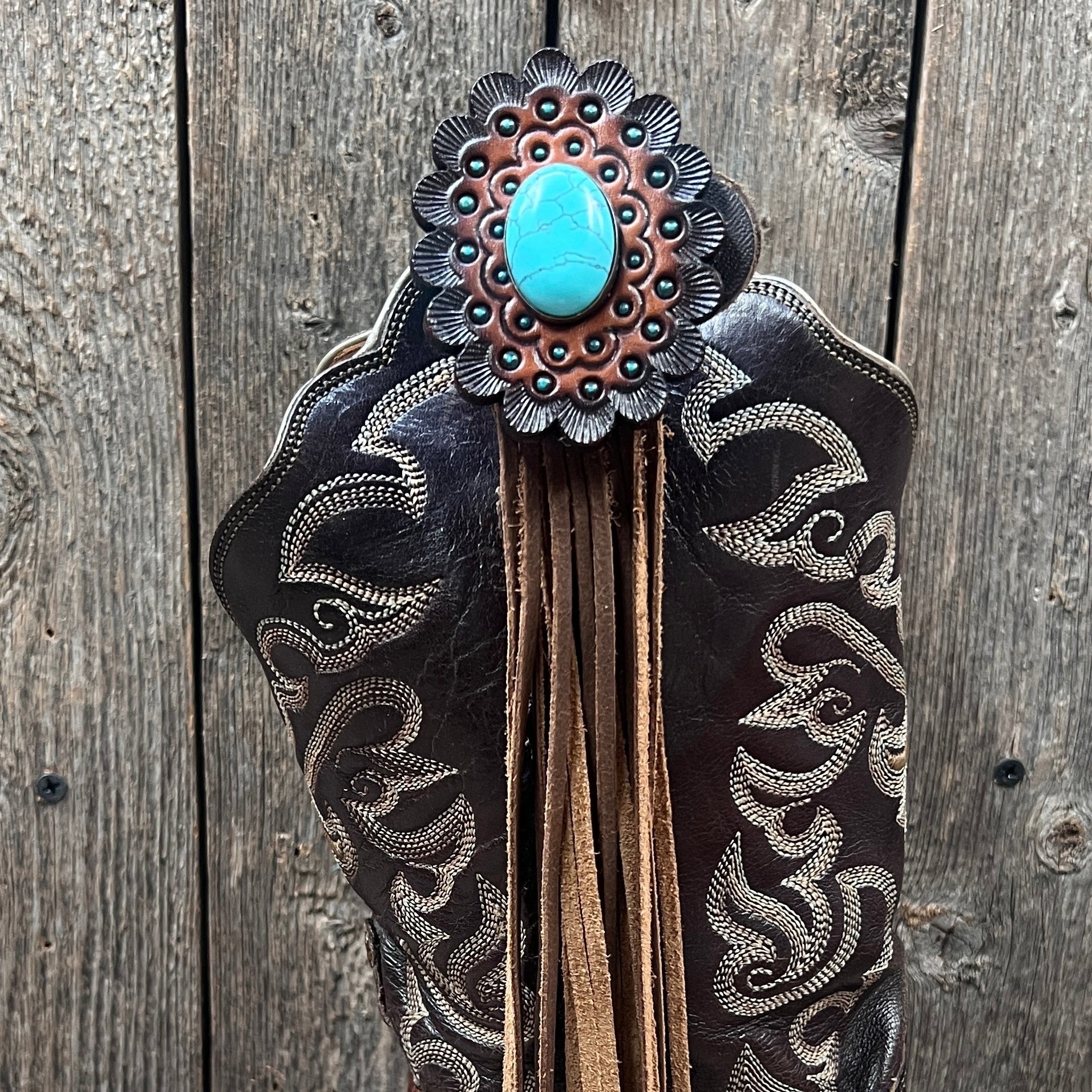 Boot Cuff Jewelry - Turquoise Cabochon Concho - Fringe
