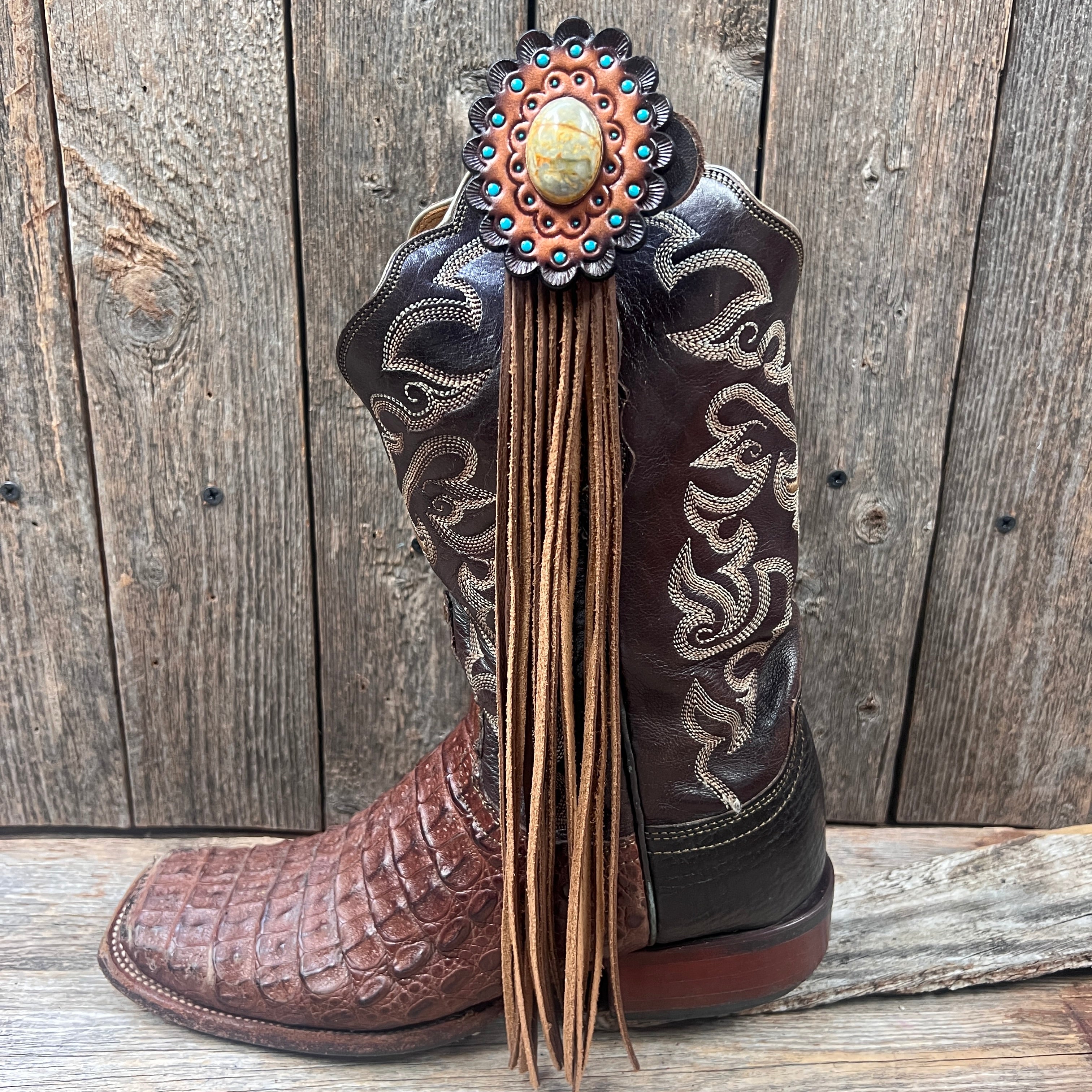 Boot Cuff Jewelry - Sage Cabochon Concho - Fringe