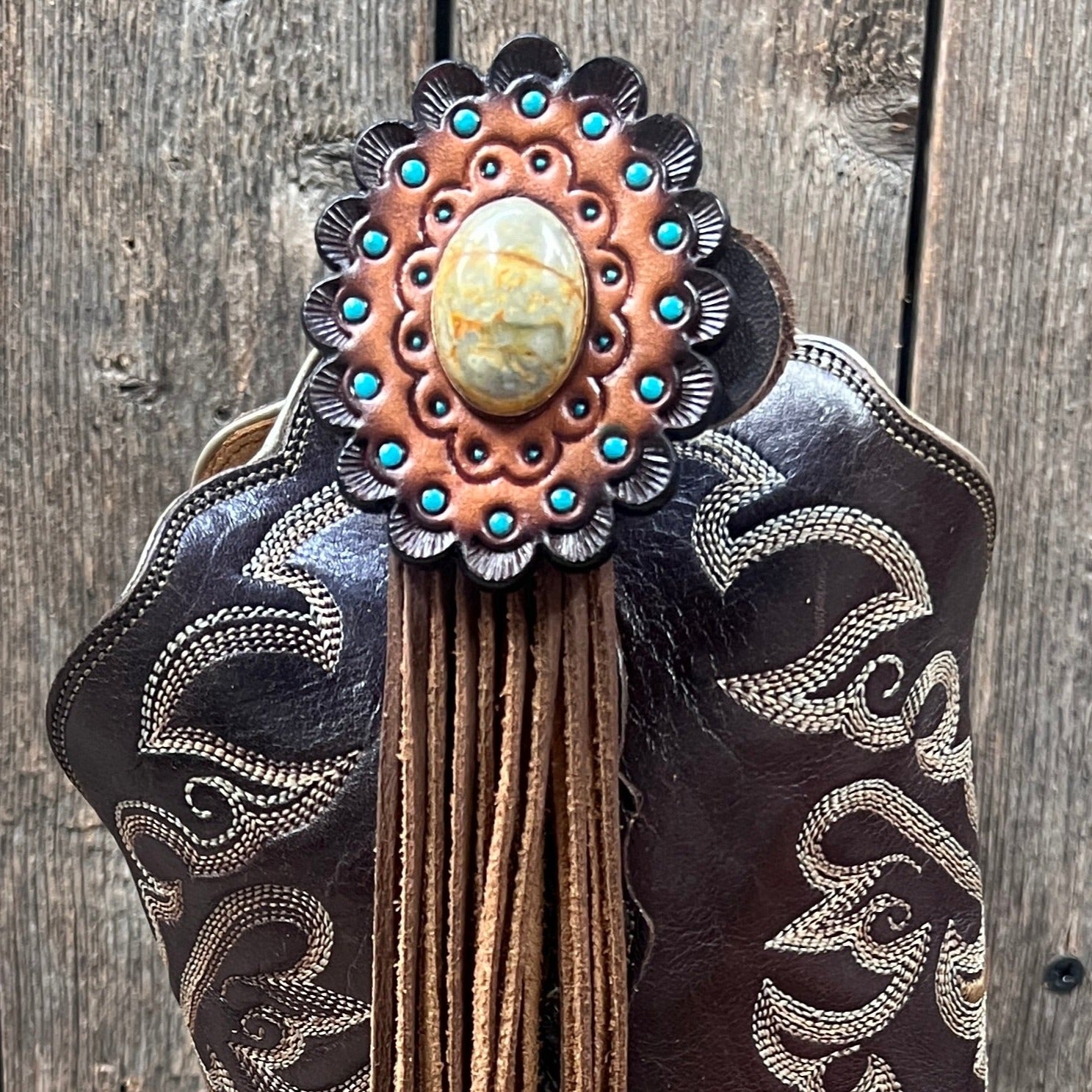 Boot Cuff Jewelry - Sage Cabochon Concho - Fringe