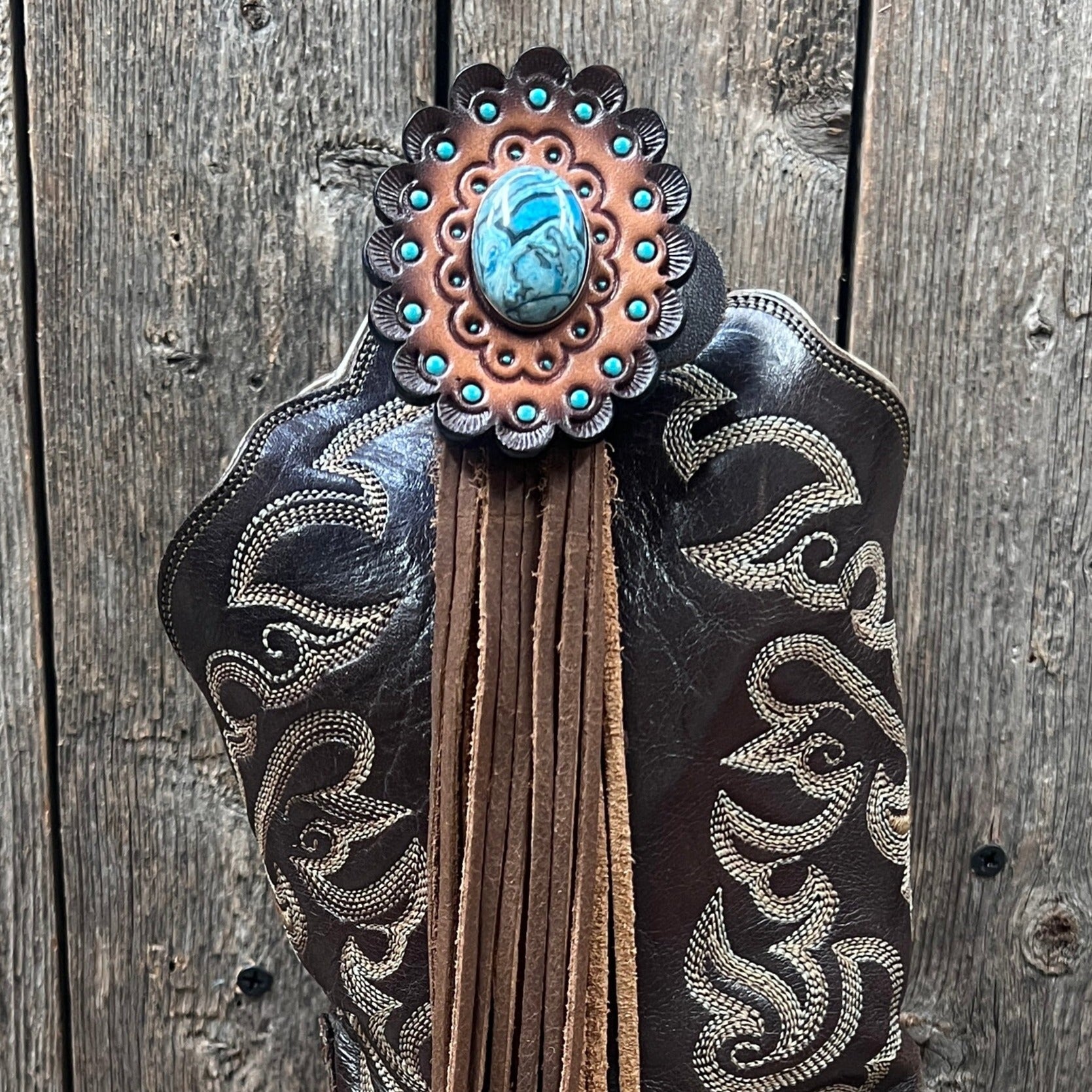 Boot Cuff Jewelry - Blue Cabochon Concho - Fringe