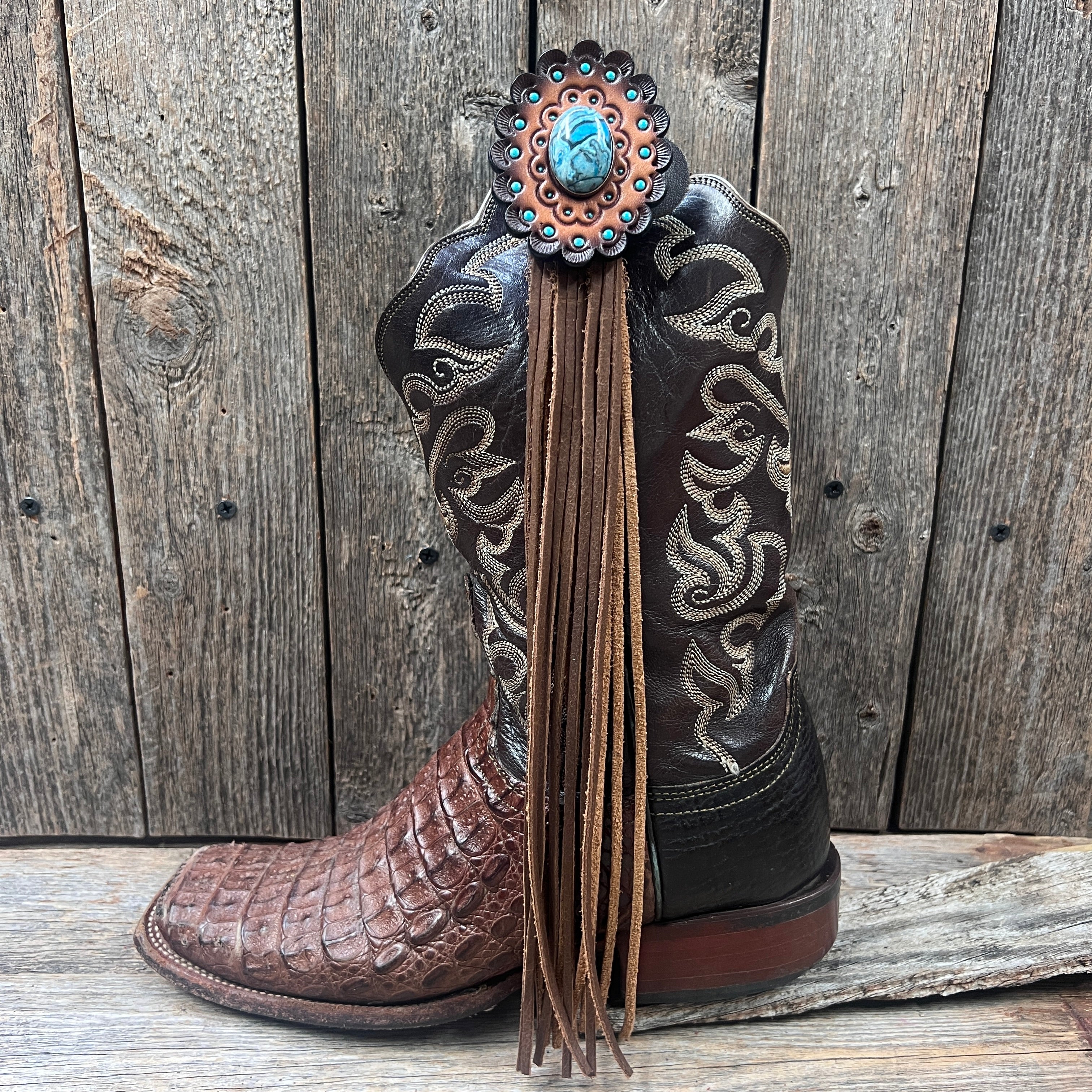 Boot Cuff Jewelry - Blue Cabochon Concho - Fringe