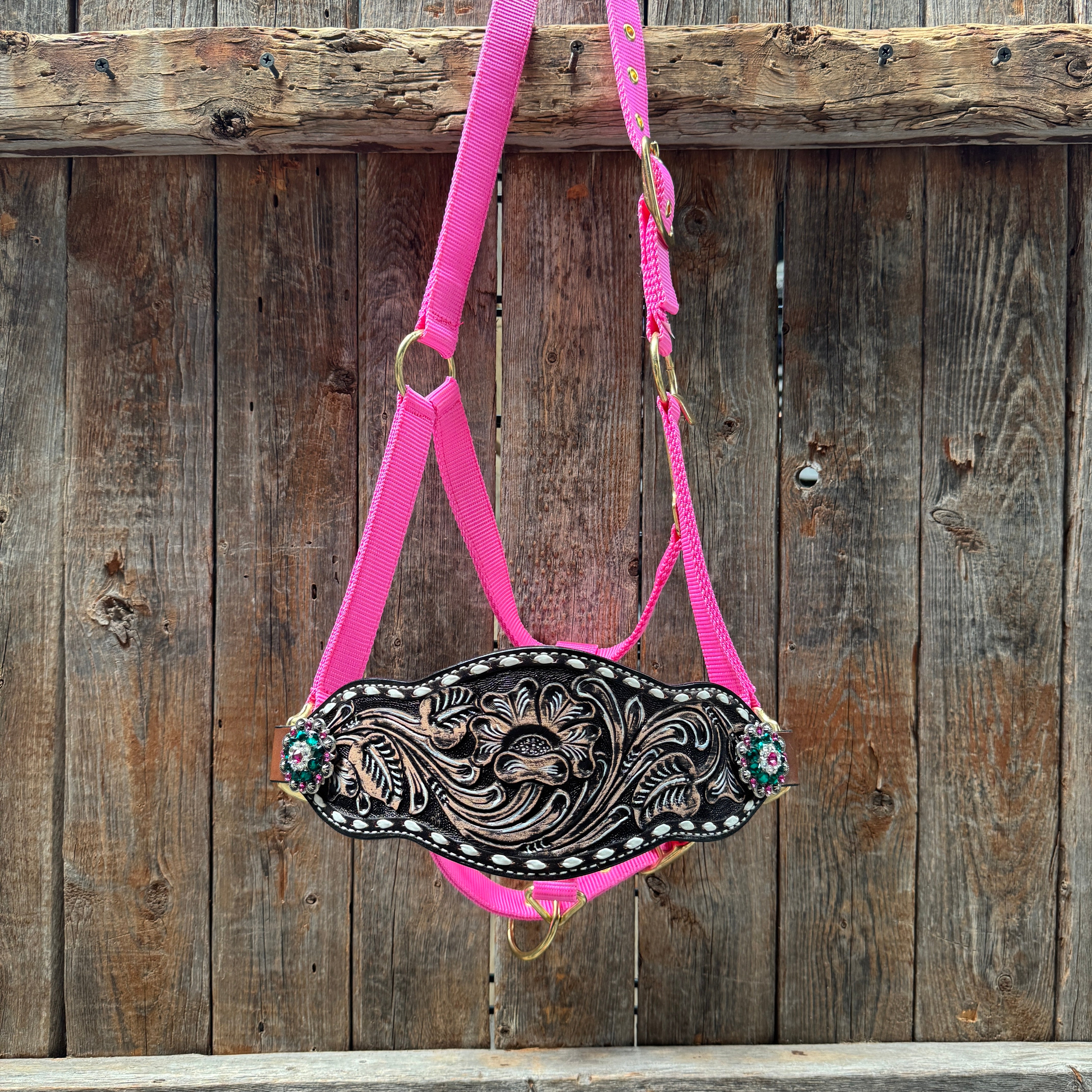 Pink Nylon Horse Halter – Bronc Noseband with Crystal Conchos NH101