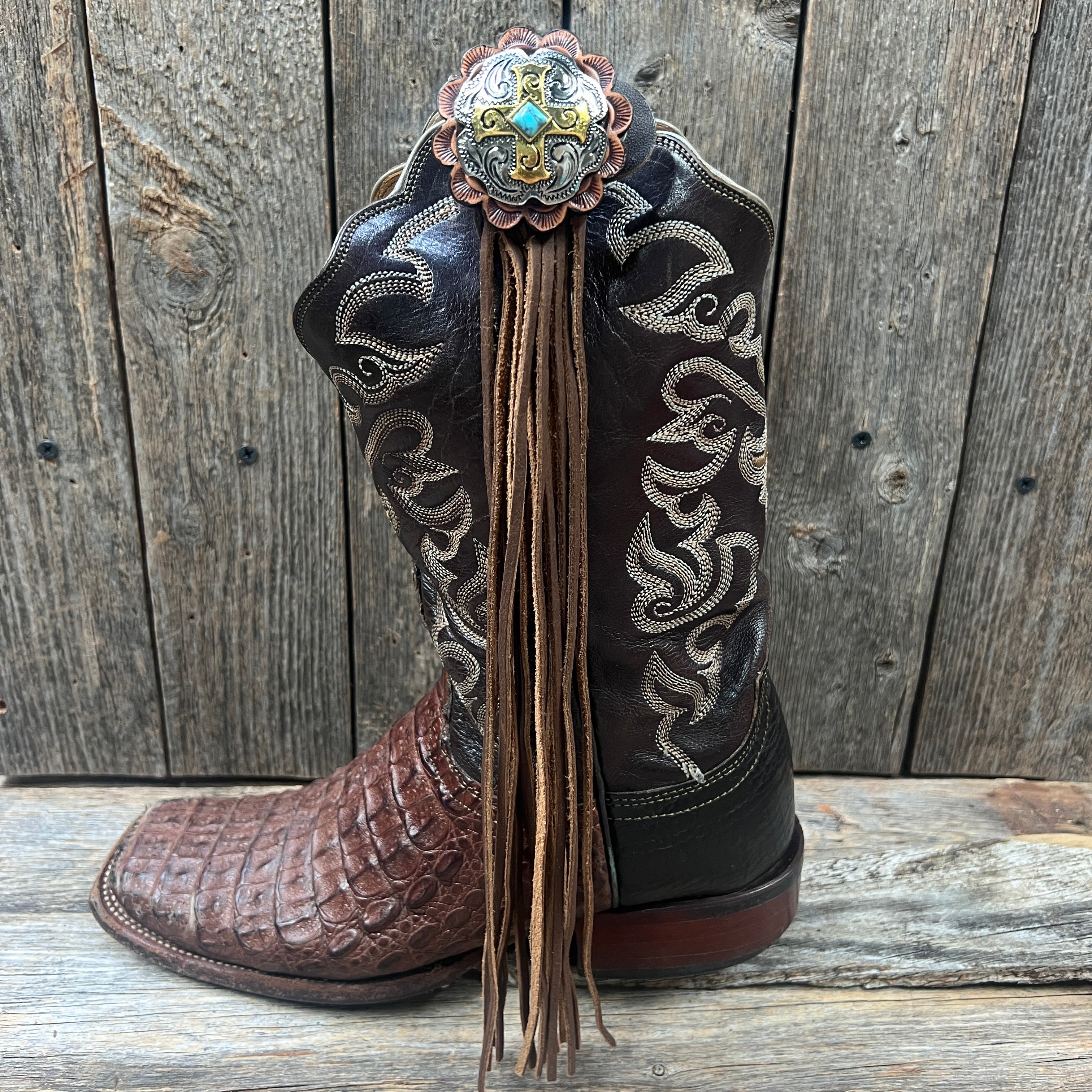 Boot Cuff Jewelry -  Antique Silver Cross Turquoise Concho - Fringe