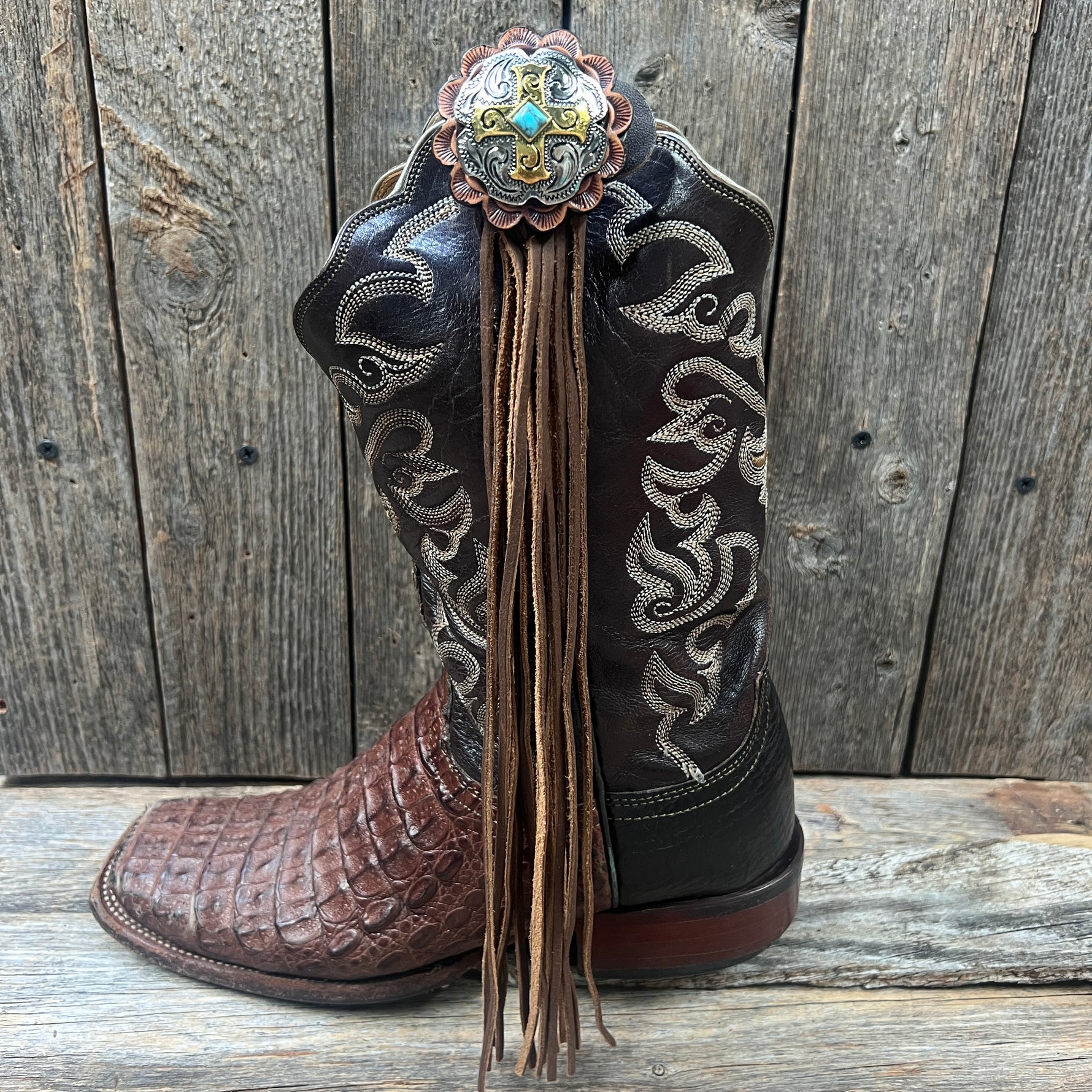 Boot Cuff Jewelry -  Antique Silver Cross Turquoise Concho - Fringe