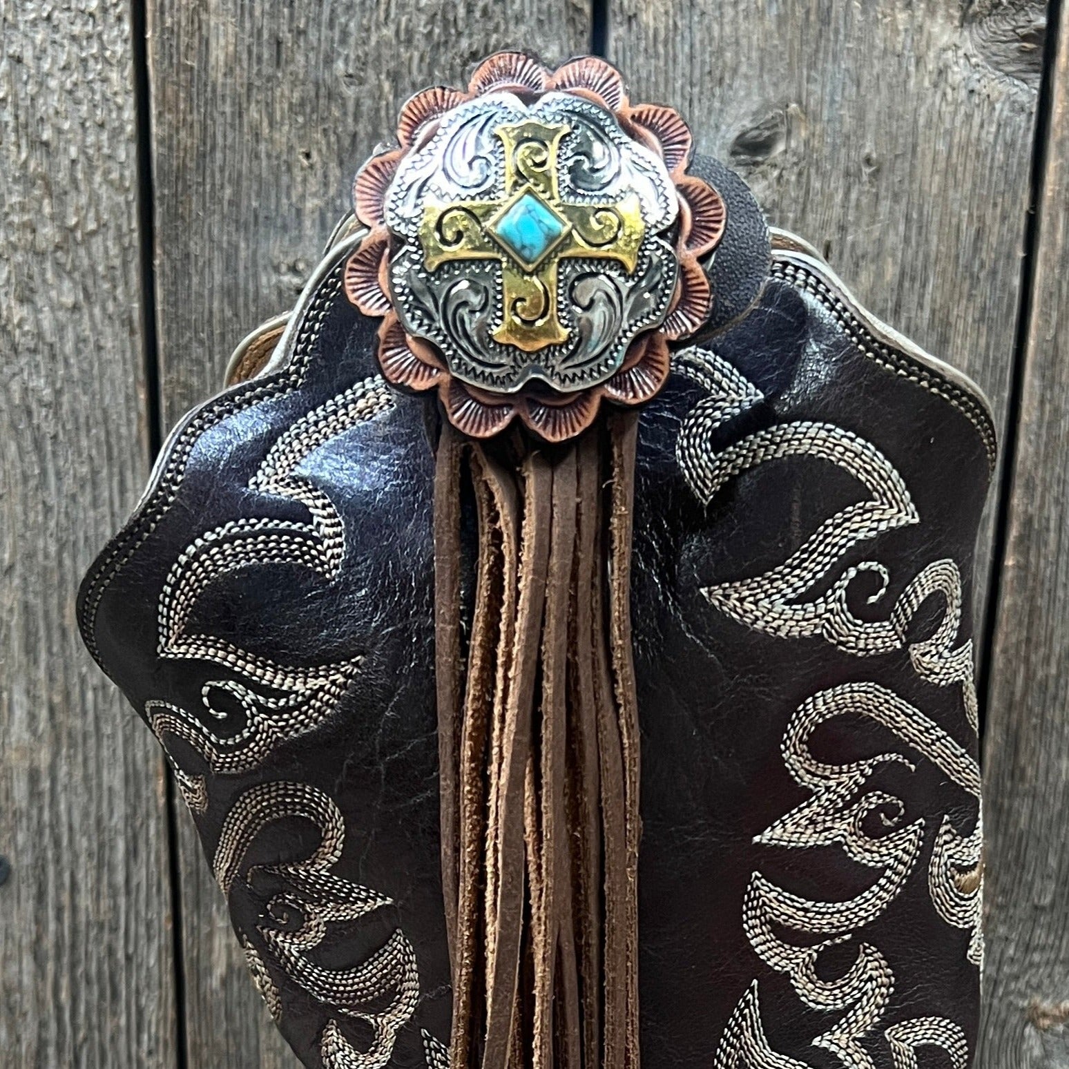 Boot Cuff Jewelry -  Antique Silver Cross Turquoise Concho - Fringe
