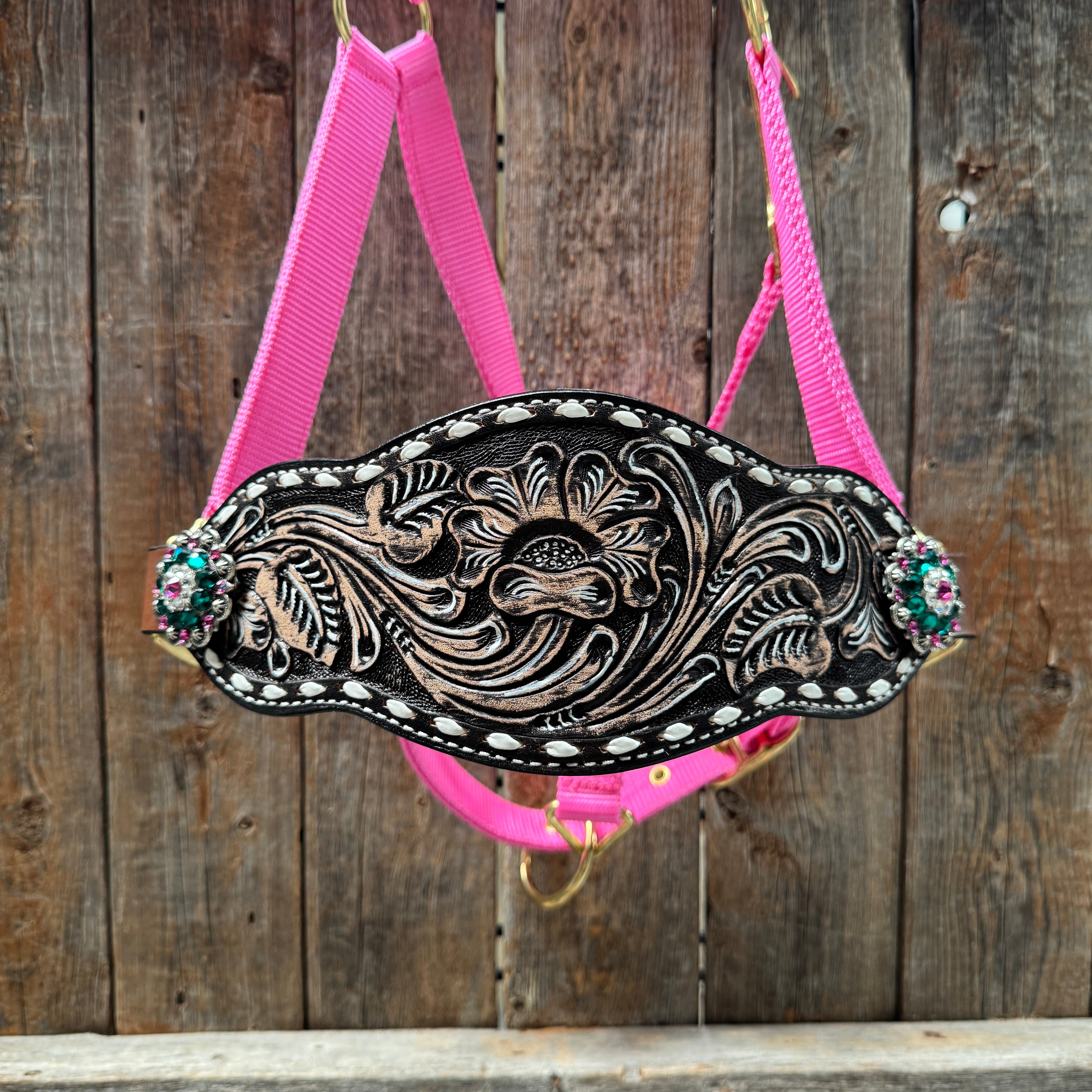 Pink Nylon Horse Halter – Bronc Noseband with Crystal Conchos NH101