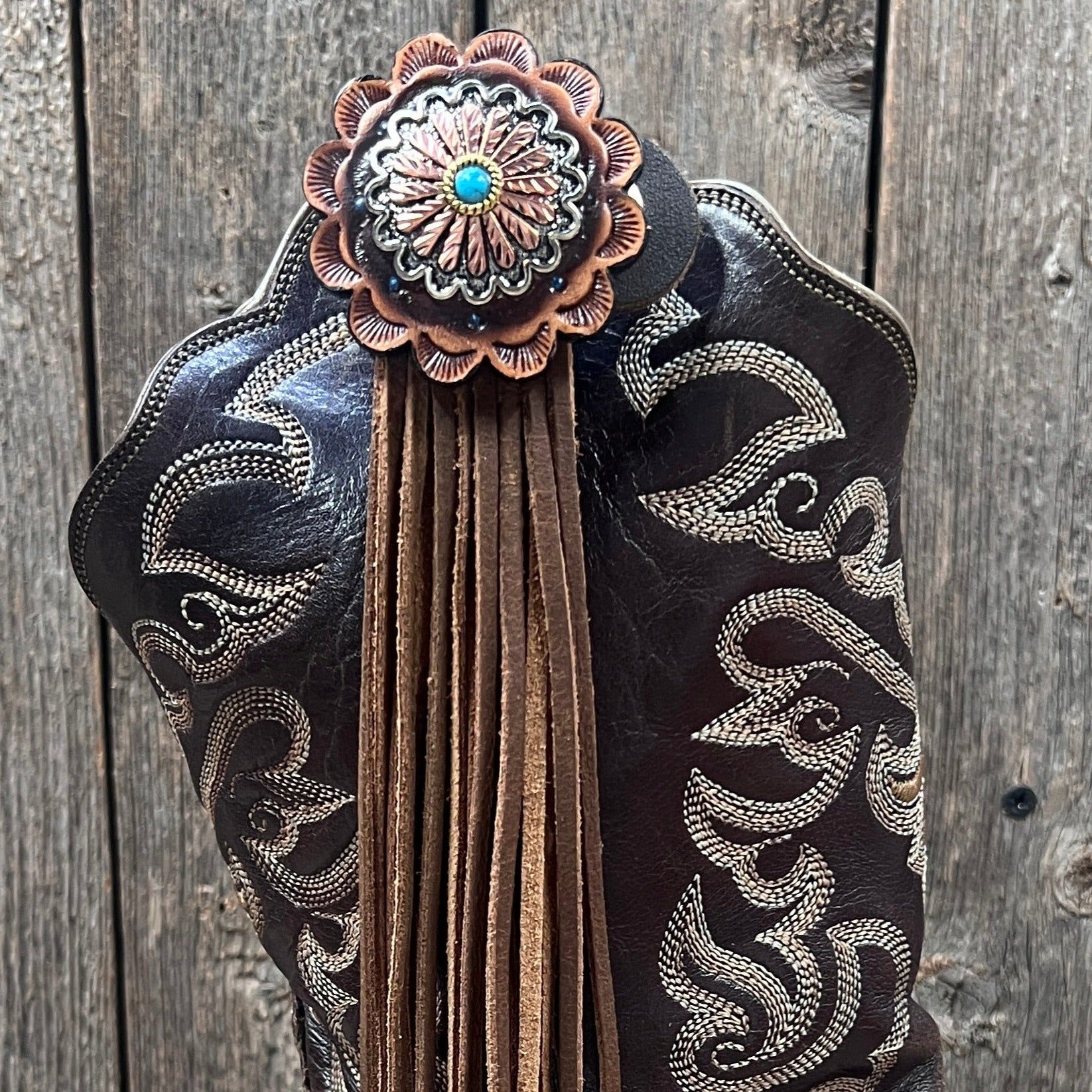 Boot Cuff Jewelry - Copper Flower Turquoise Concho - Fringe