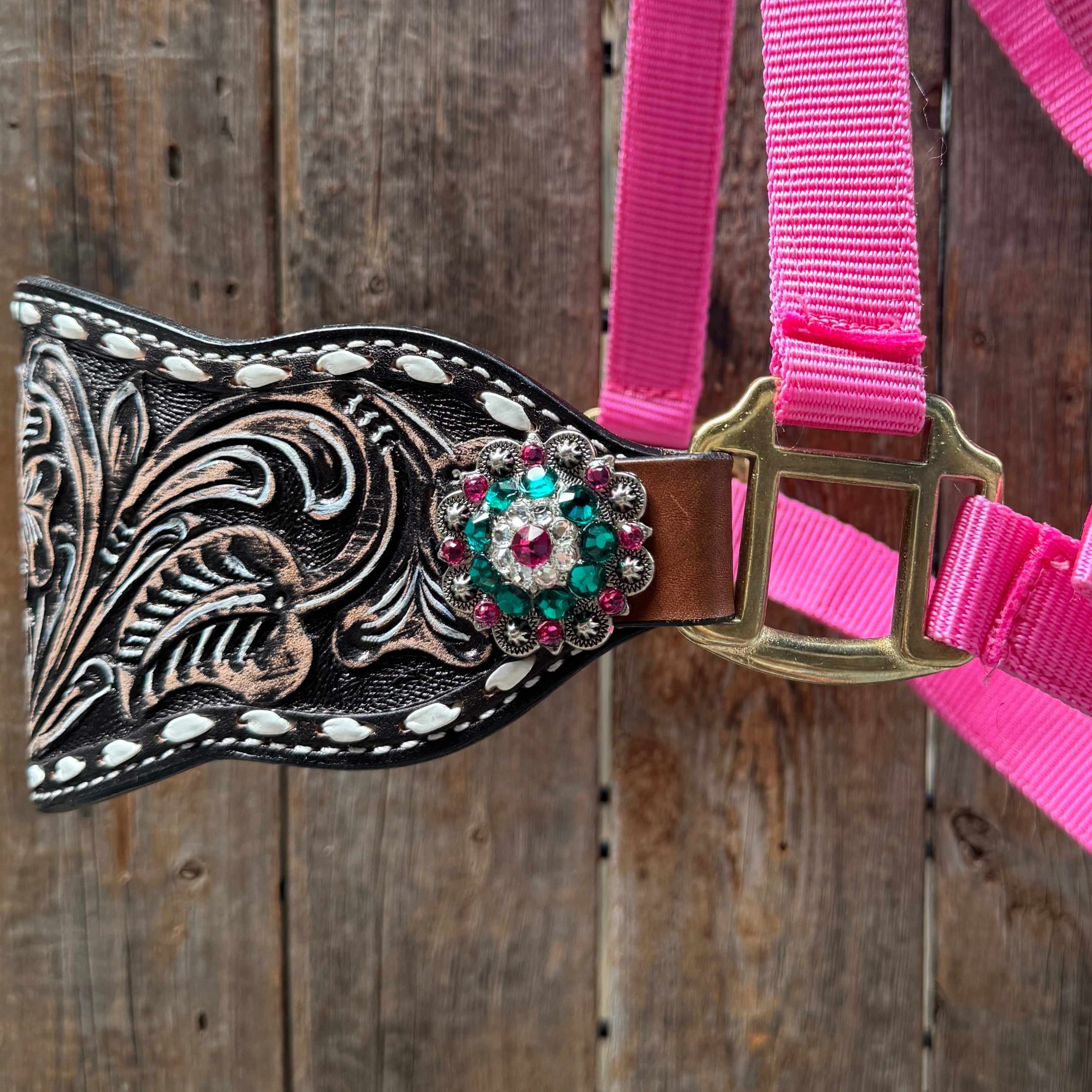 Pink Nylon Horse Halter – Bronc Noseband with Crystal Conchos NH101