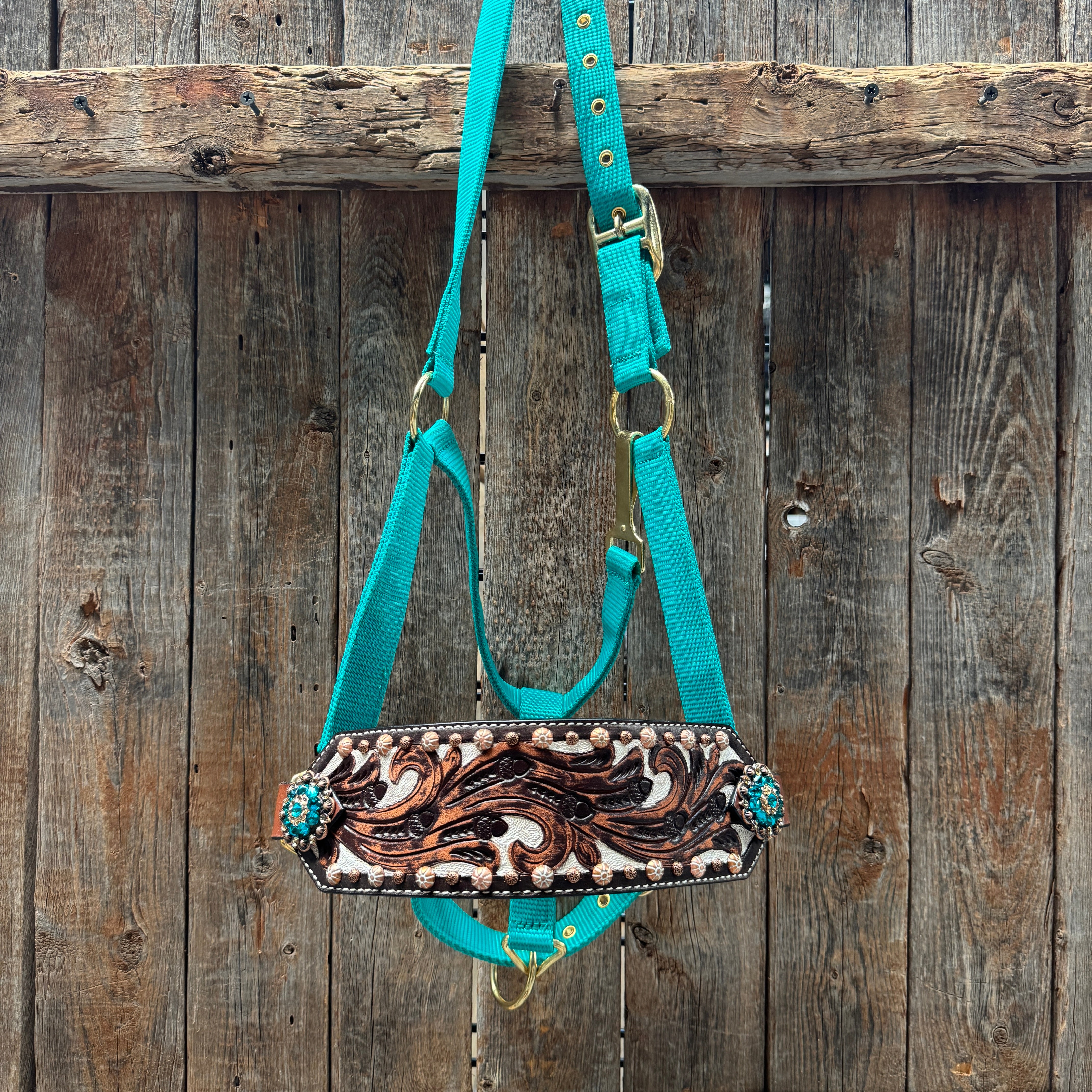 Teal Nylon Horse Halter – Bronc Noseband with Crystal Conchos NH105