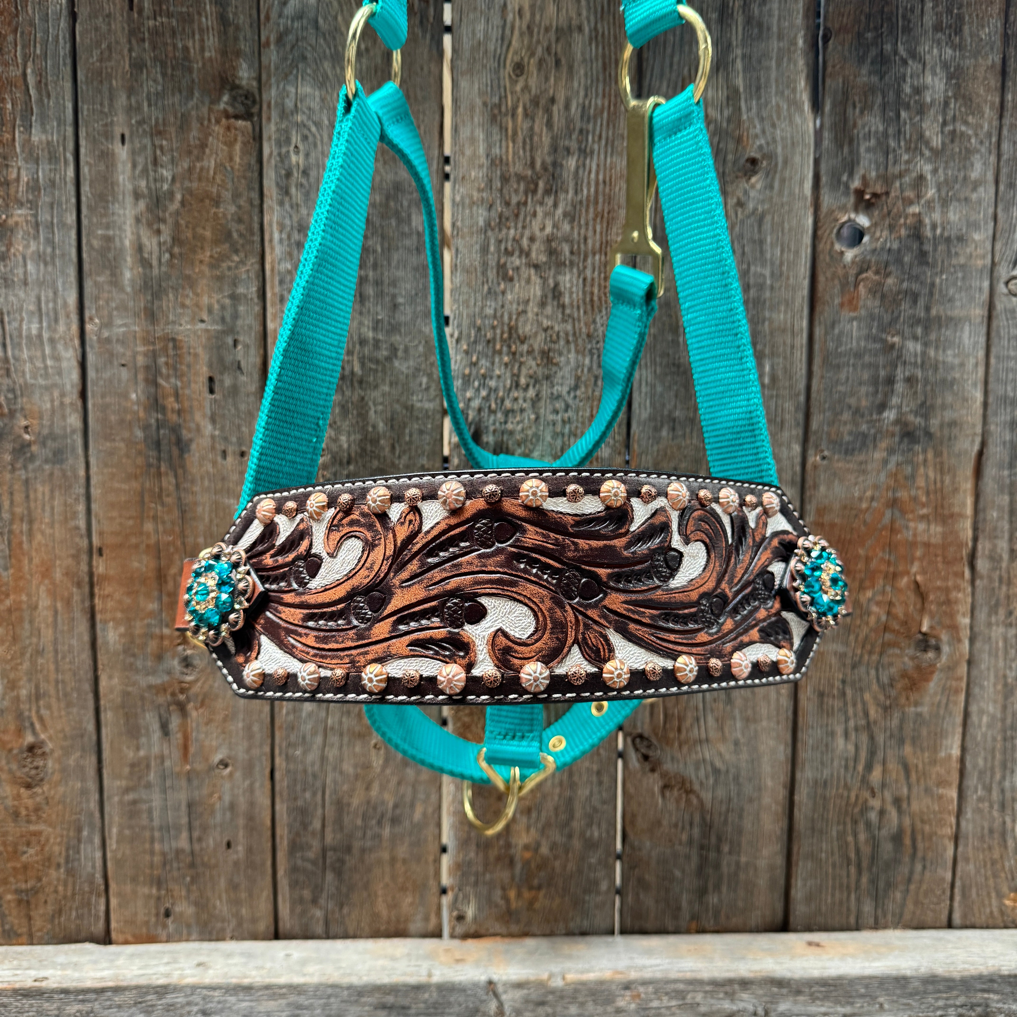 Teal Nylon Horse Halter – Bronc Noseband with Crystal Conchos NH105