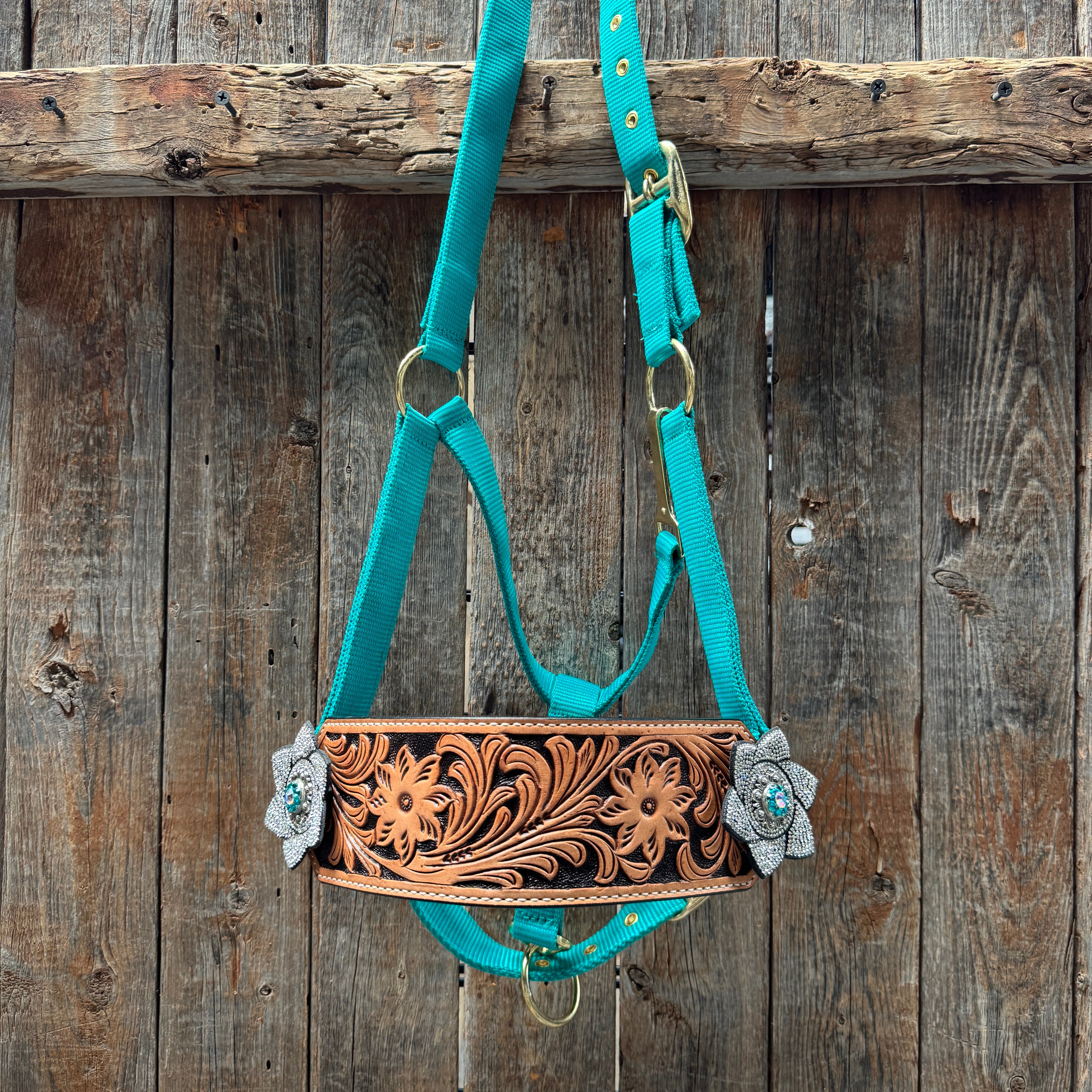 Teal Nylon Horse Halter – Bronc Noseband with Crystal Conchos NH106