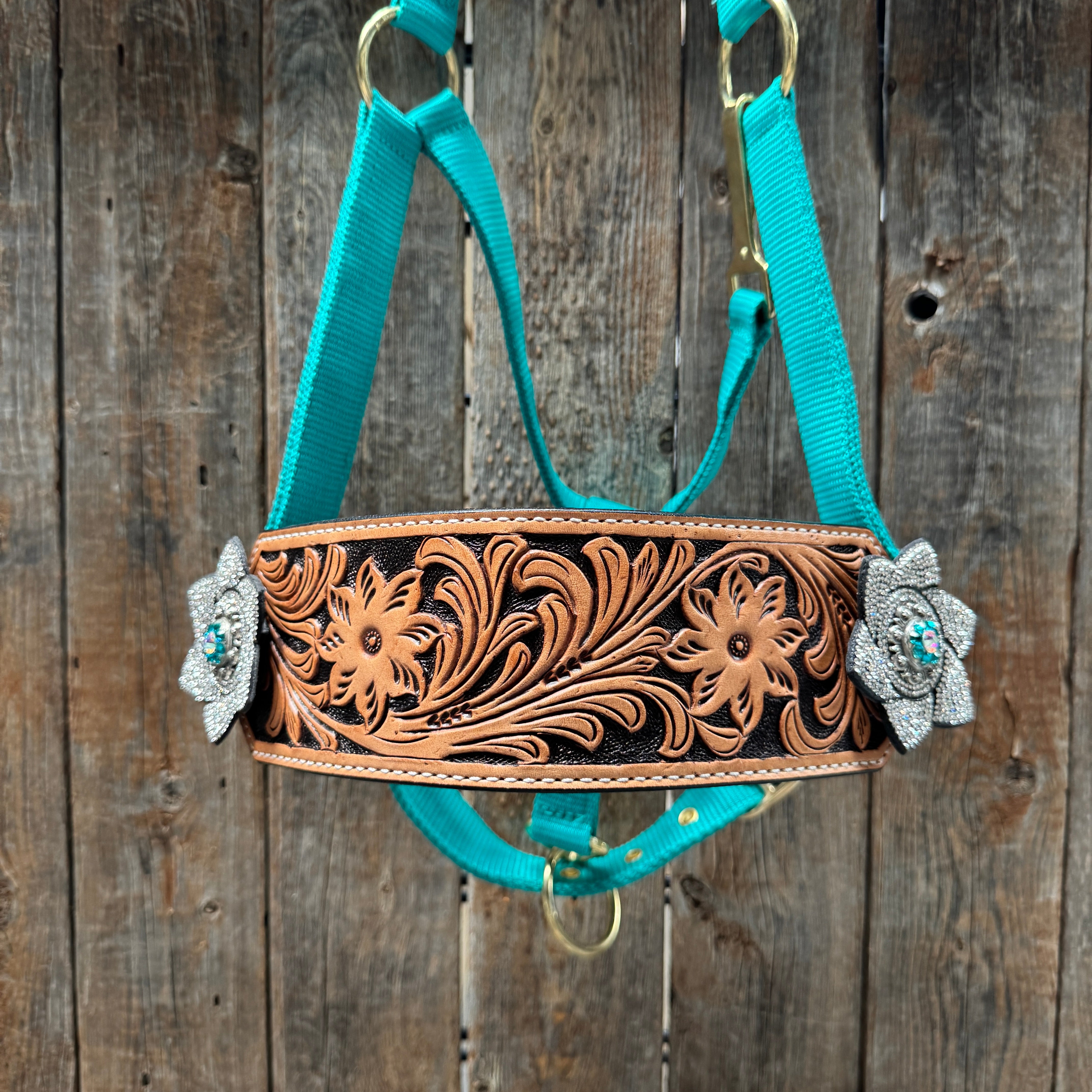 Teal Nylon Horse Halter – Bronc Noseband with Crystal Conchos NH106
