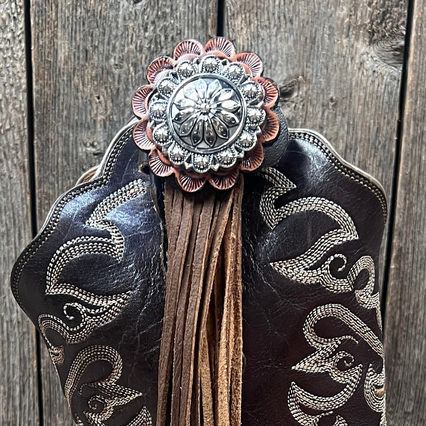Boot Cuff Jewelry - Antique Silver Flower and Berry Concho - Fringe