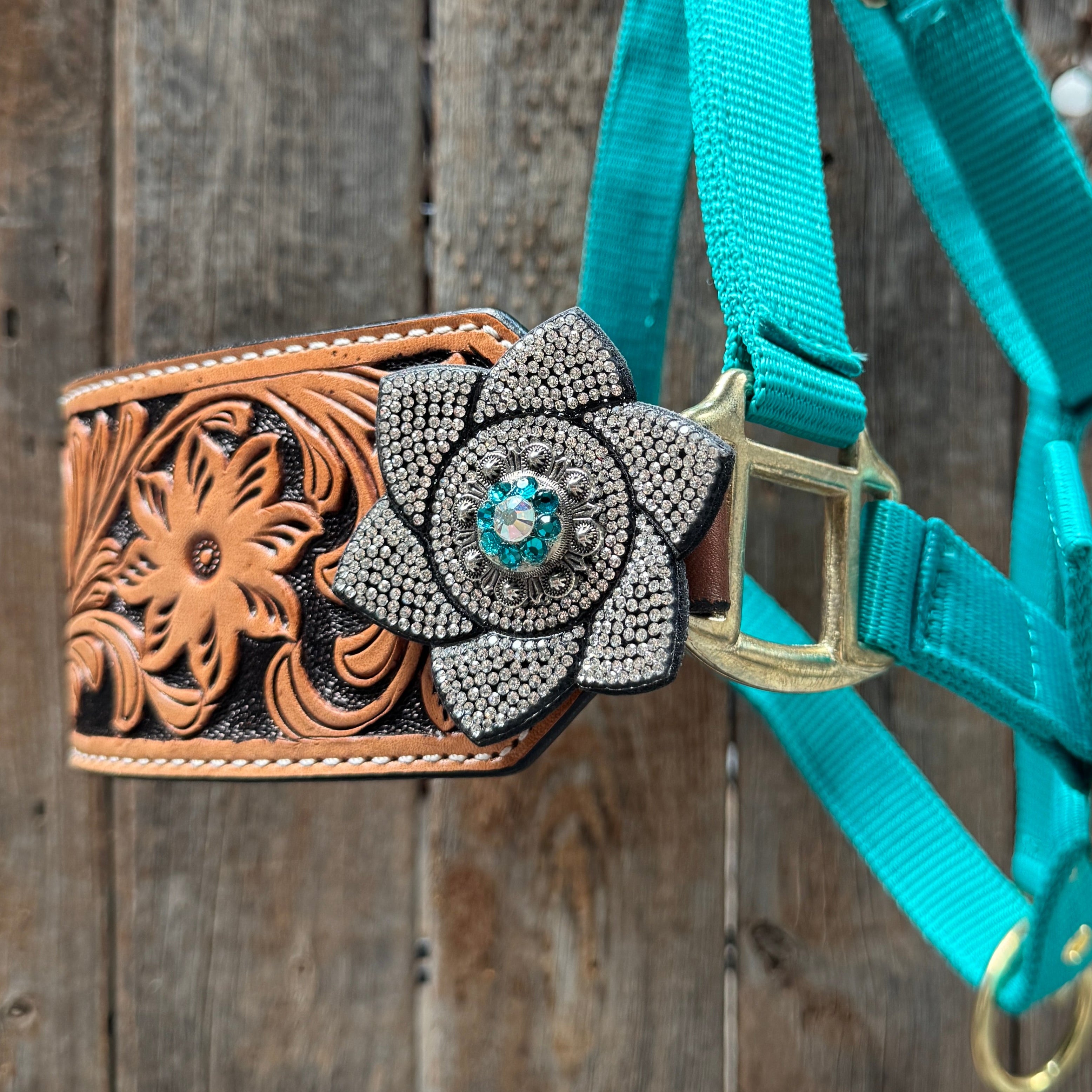 Teal Nylon Horse Halter – Bronc Noseband with Crystal Conchos NH106