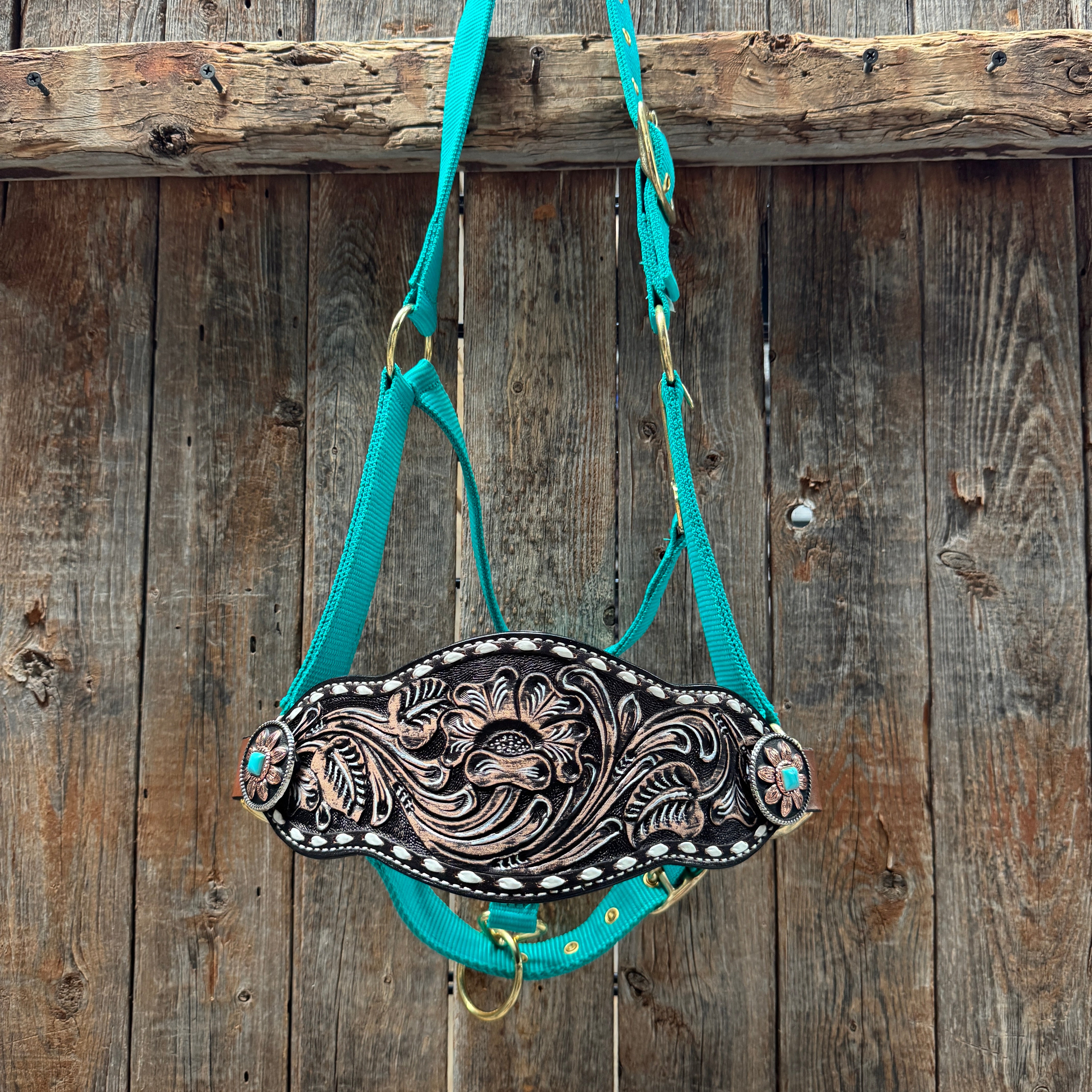 Teal Nylon Horse Halter – Bronc Noseband with Western Conchos NH107