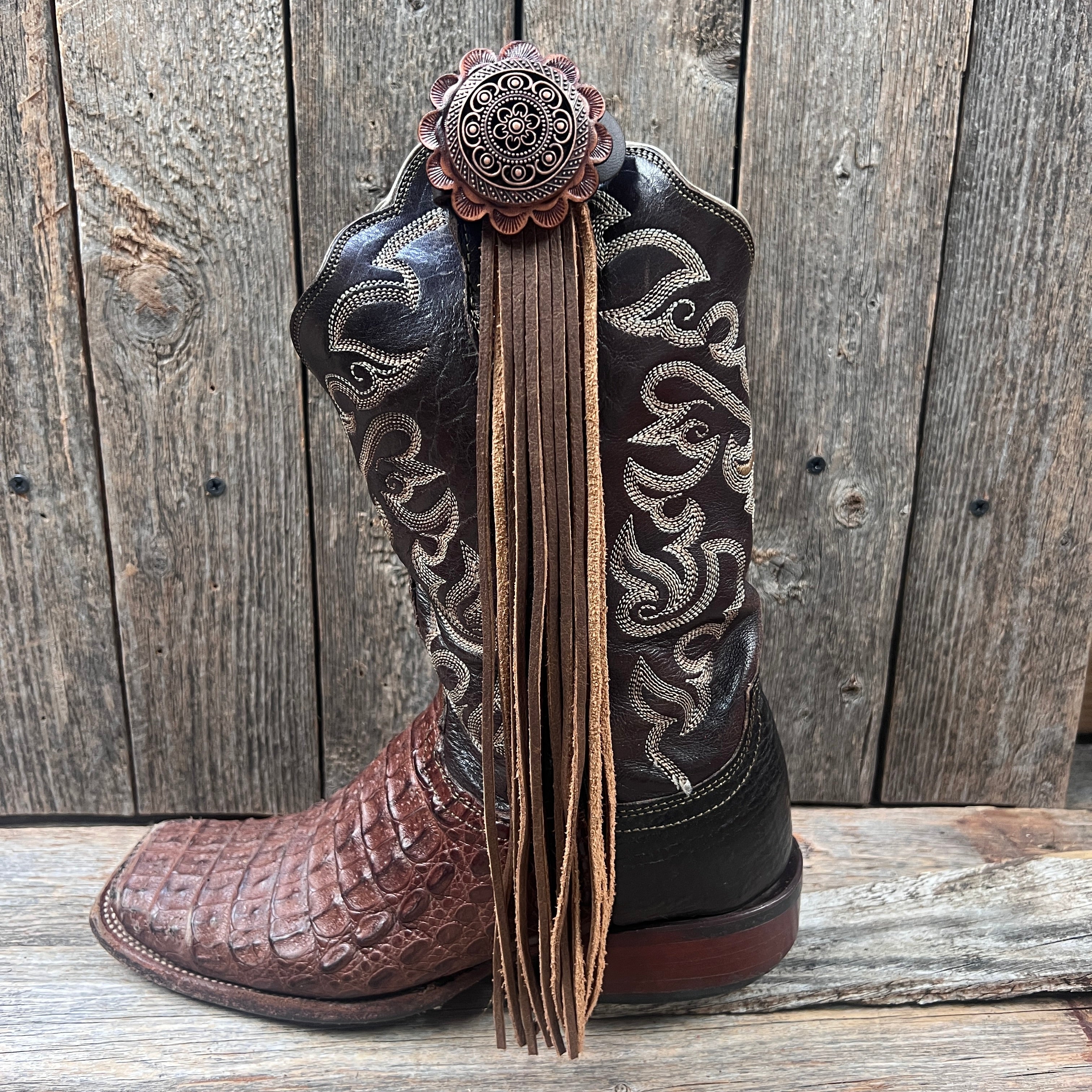 Boot Cuff Jewelry - Copper Intricate Engraved Concho - Fringe