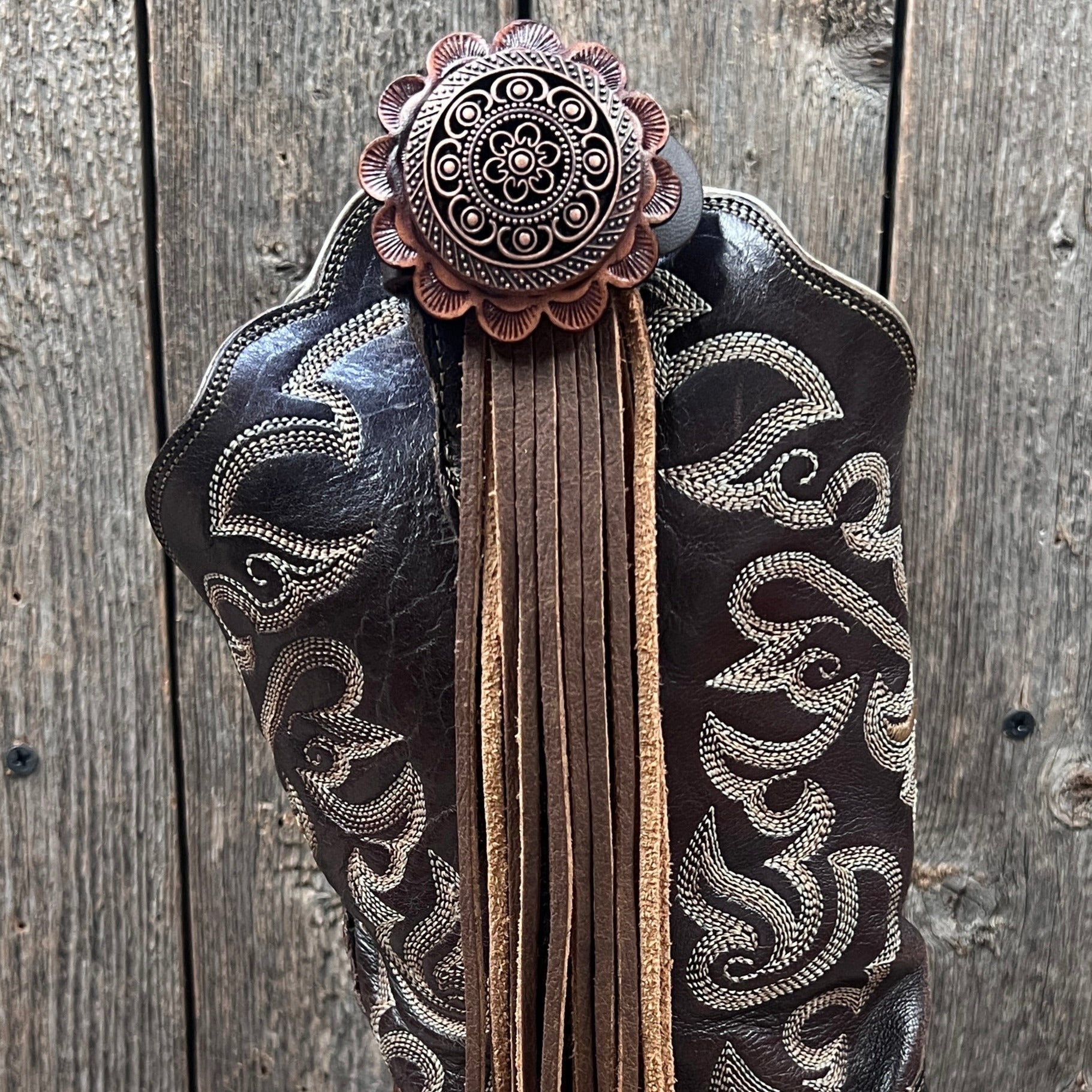 Boot Cuff Jewelry - Copper Intricate Engraved Concho - Fringe