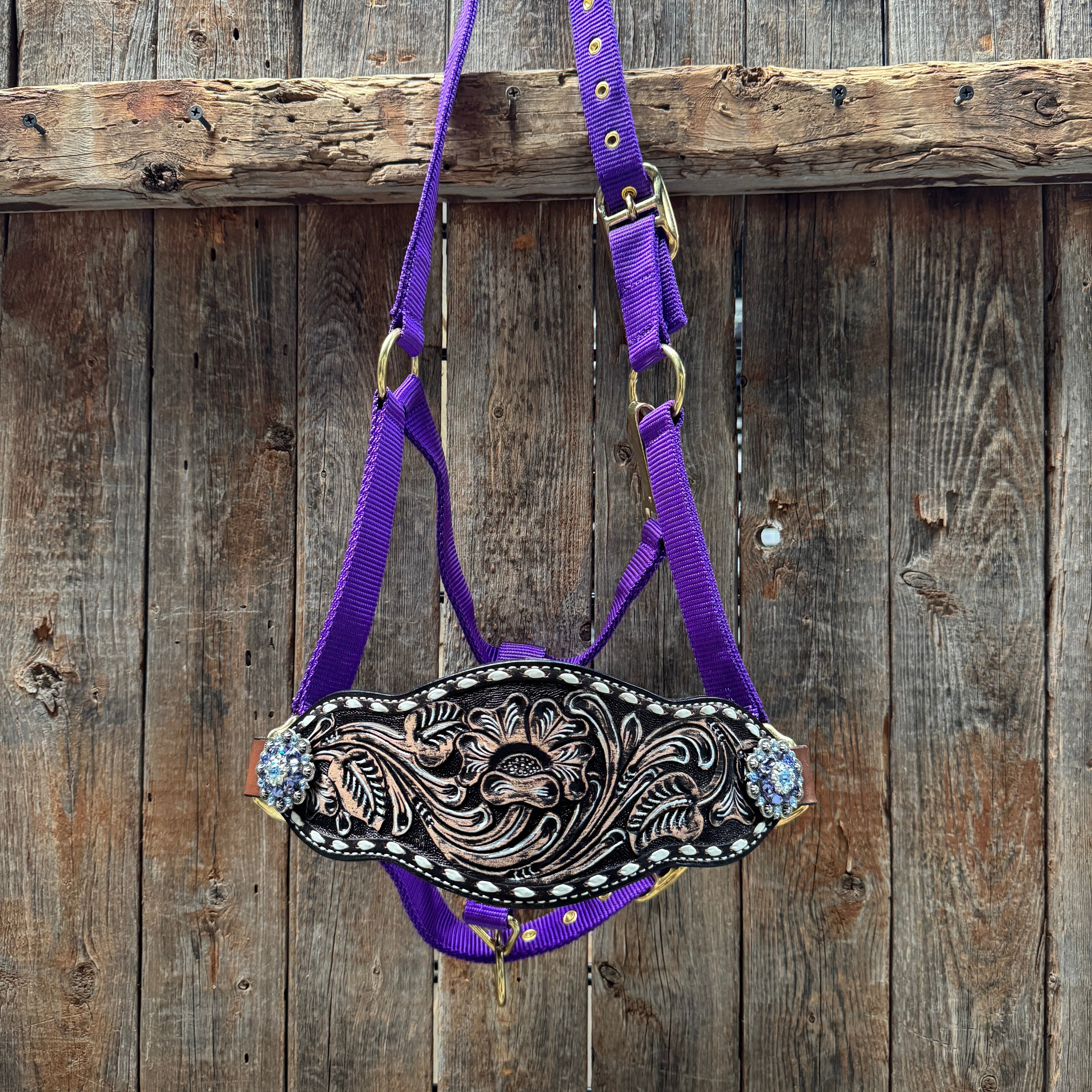 Purple Nylon Horse Halter – Bronc Noseband with Crystal Conchos NH108