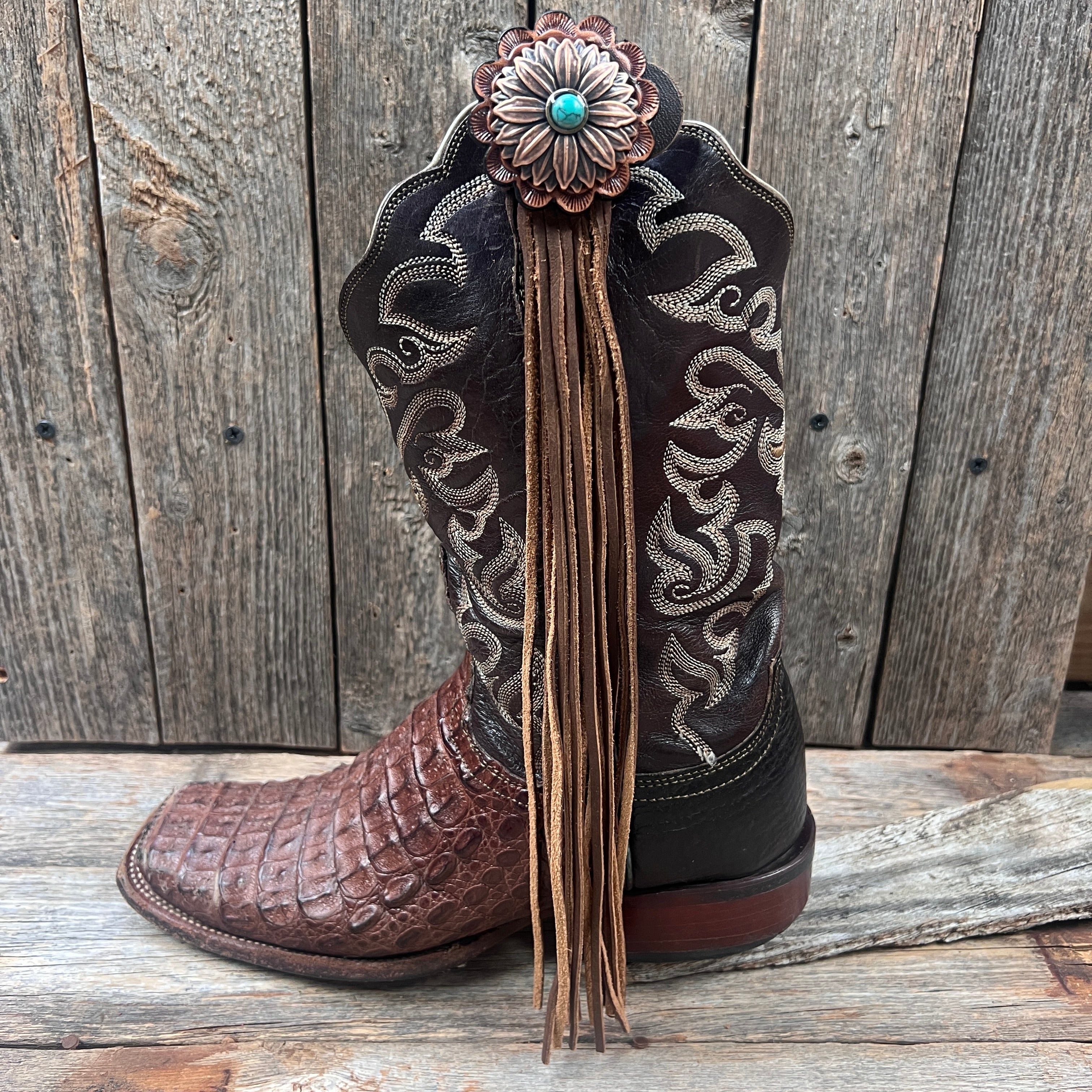 Boot Cuff Jewelry - Copper Turquoise Flower Concho - Fringe