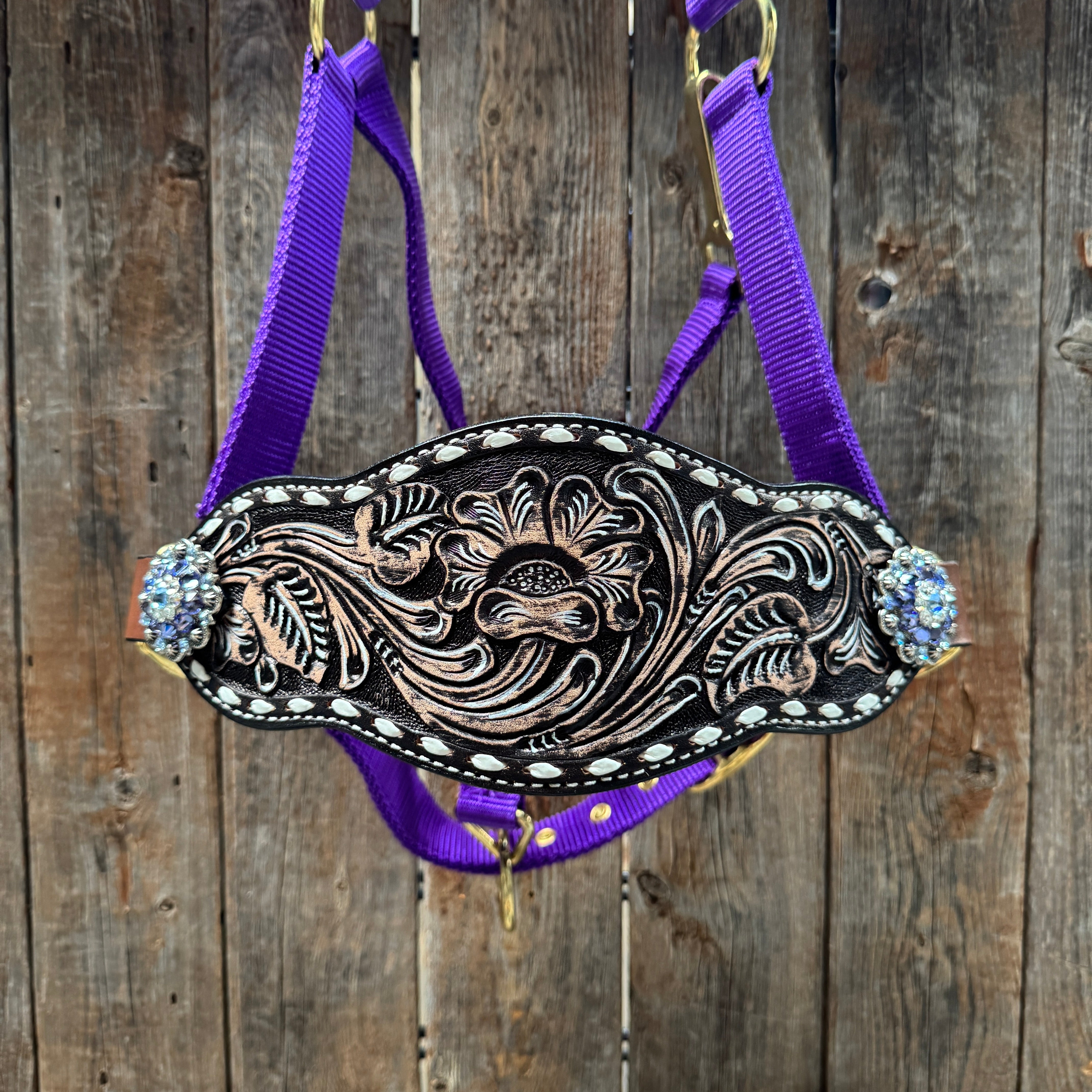 Purple Nylon Horse Halter – Bronc Noseband with Crystal Conchos NH108
