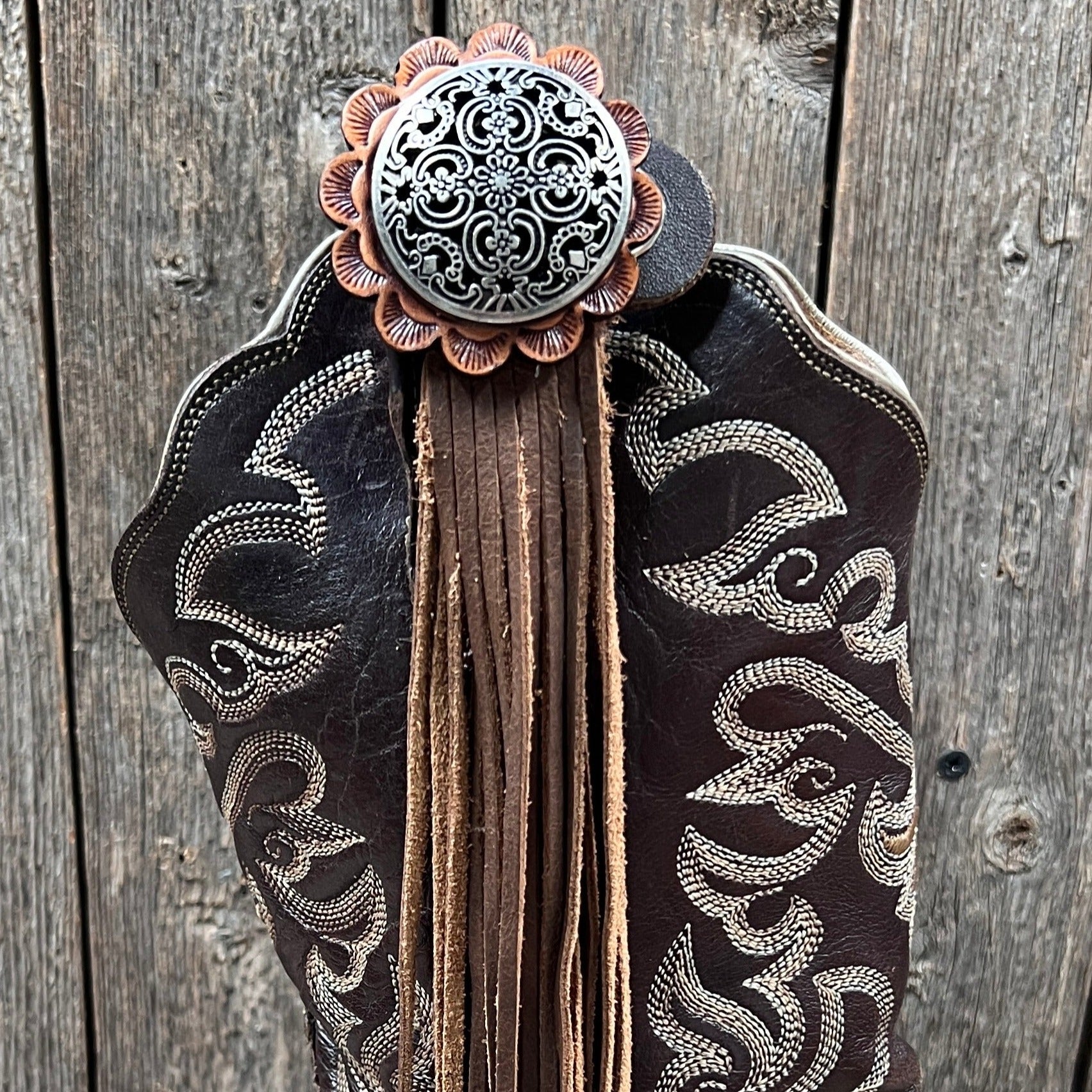 Boot Cuff Jewelry - Antique Silver Floral Engraved Concho - Fringe