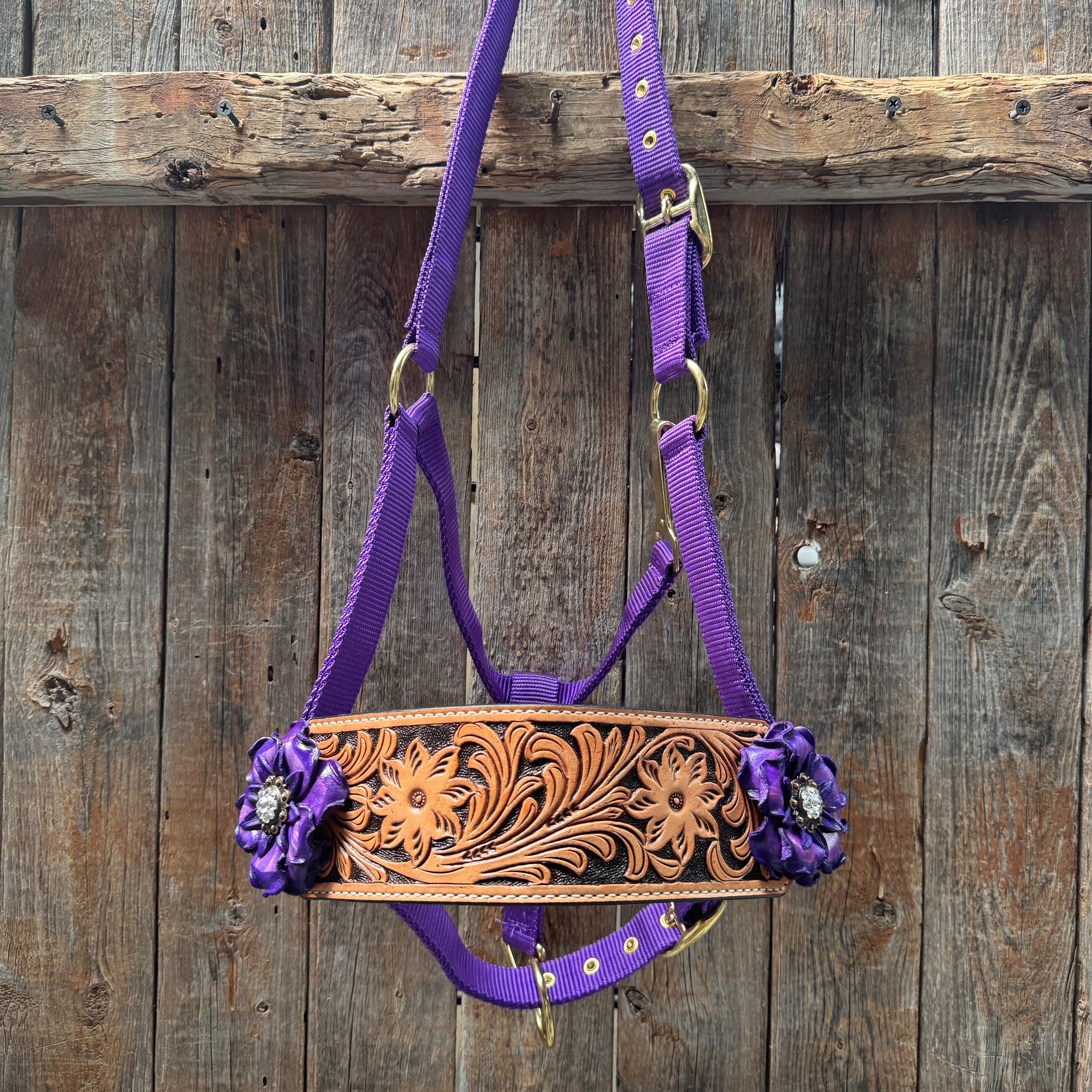 Purple Nylon Horse Halter – Bronc Noseband with Crystal Conchos NH109
