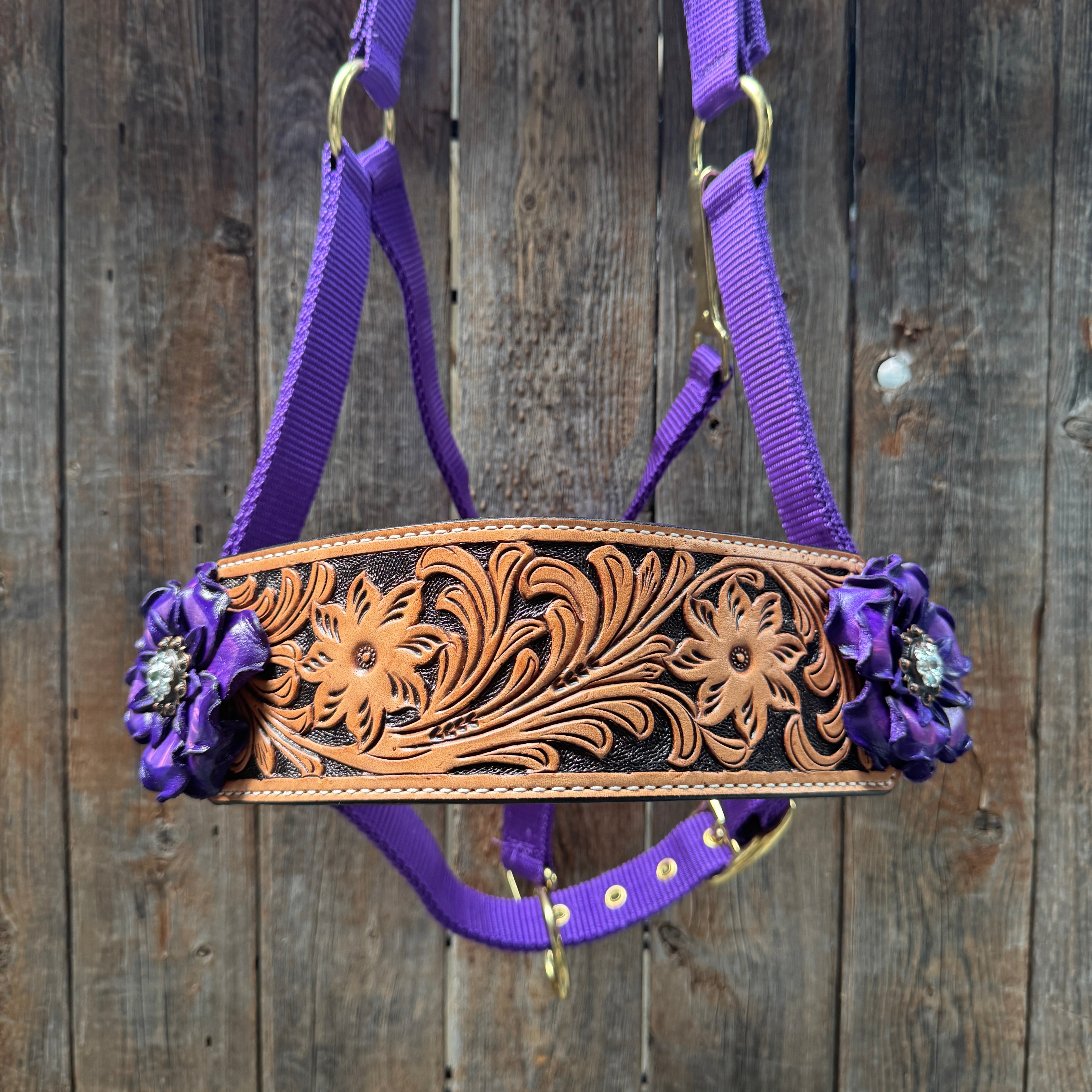 Purple Nylon Horse Halter – Bronc Noseband with Crystal Conchos NH109