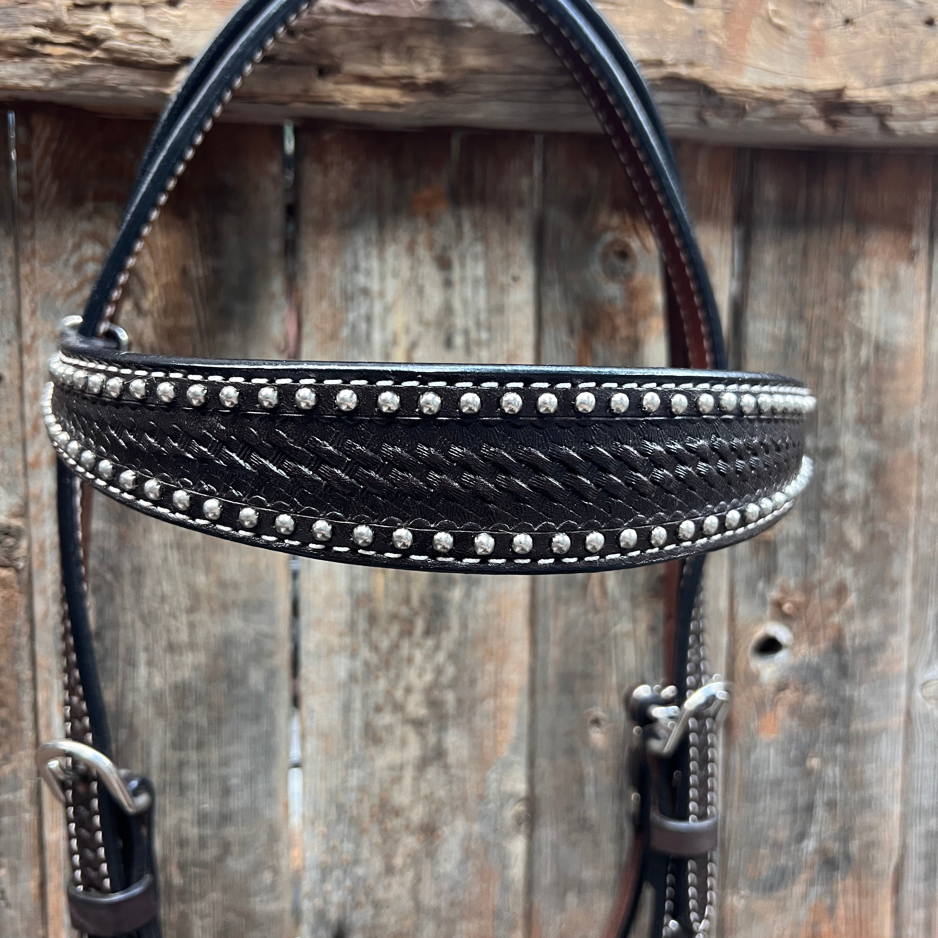 Dark Oil Basketweave with Silver Dots Tack Sets