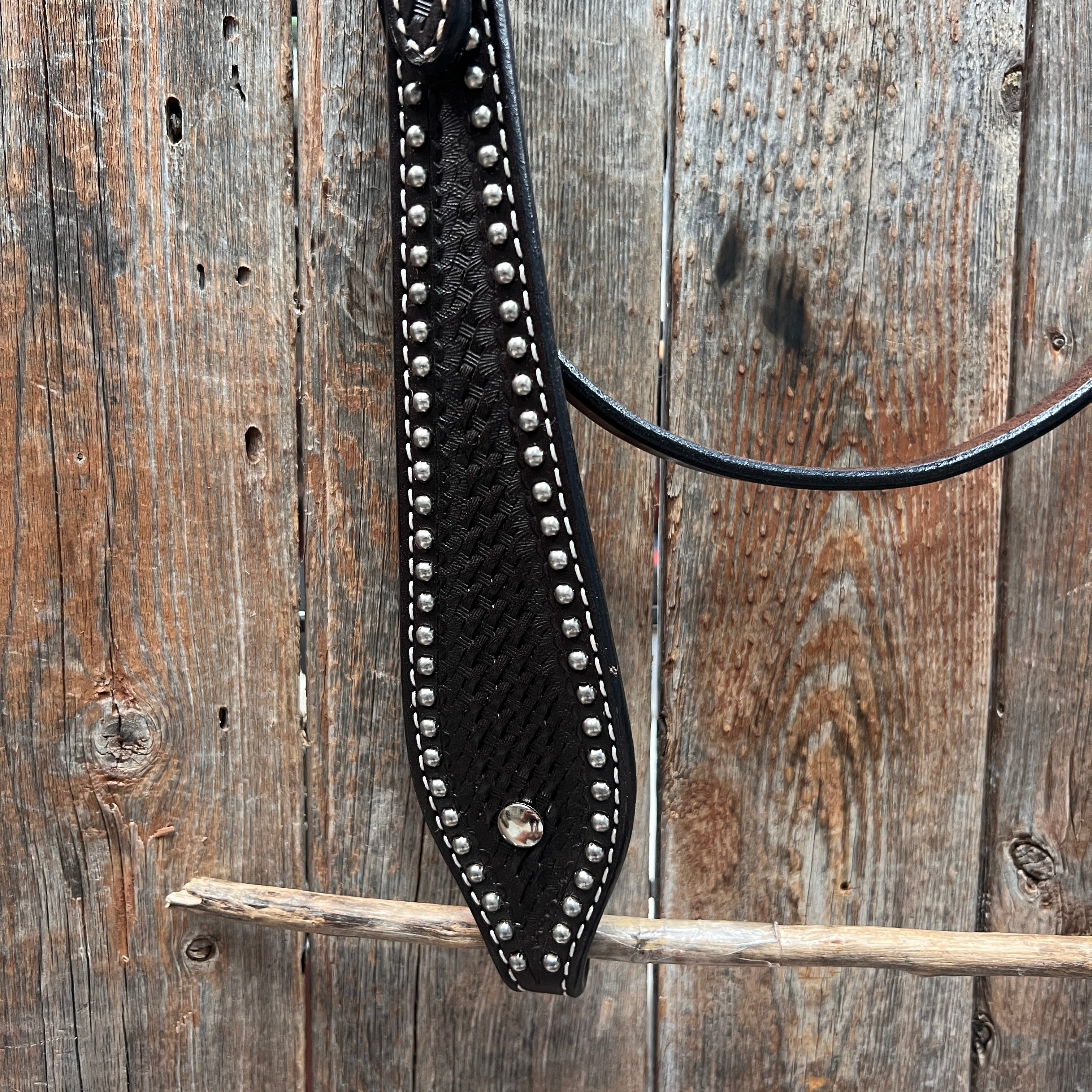 Dark Oil Basketweave with Silver Dots Browband Headstall / Bridle