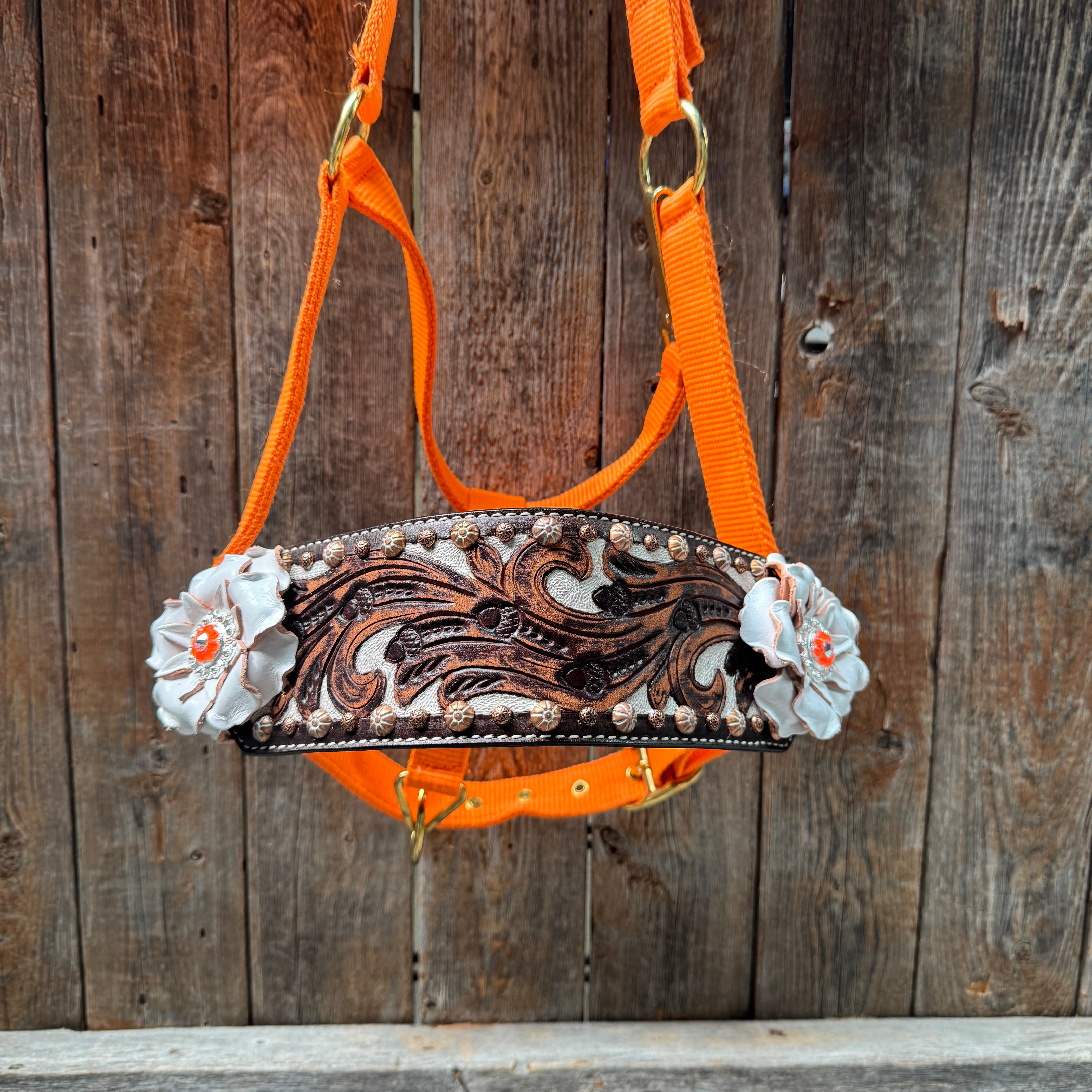 Orange Nylon Horse Halter – Bronc Noseband with Crystal Conchos NH111