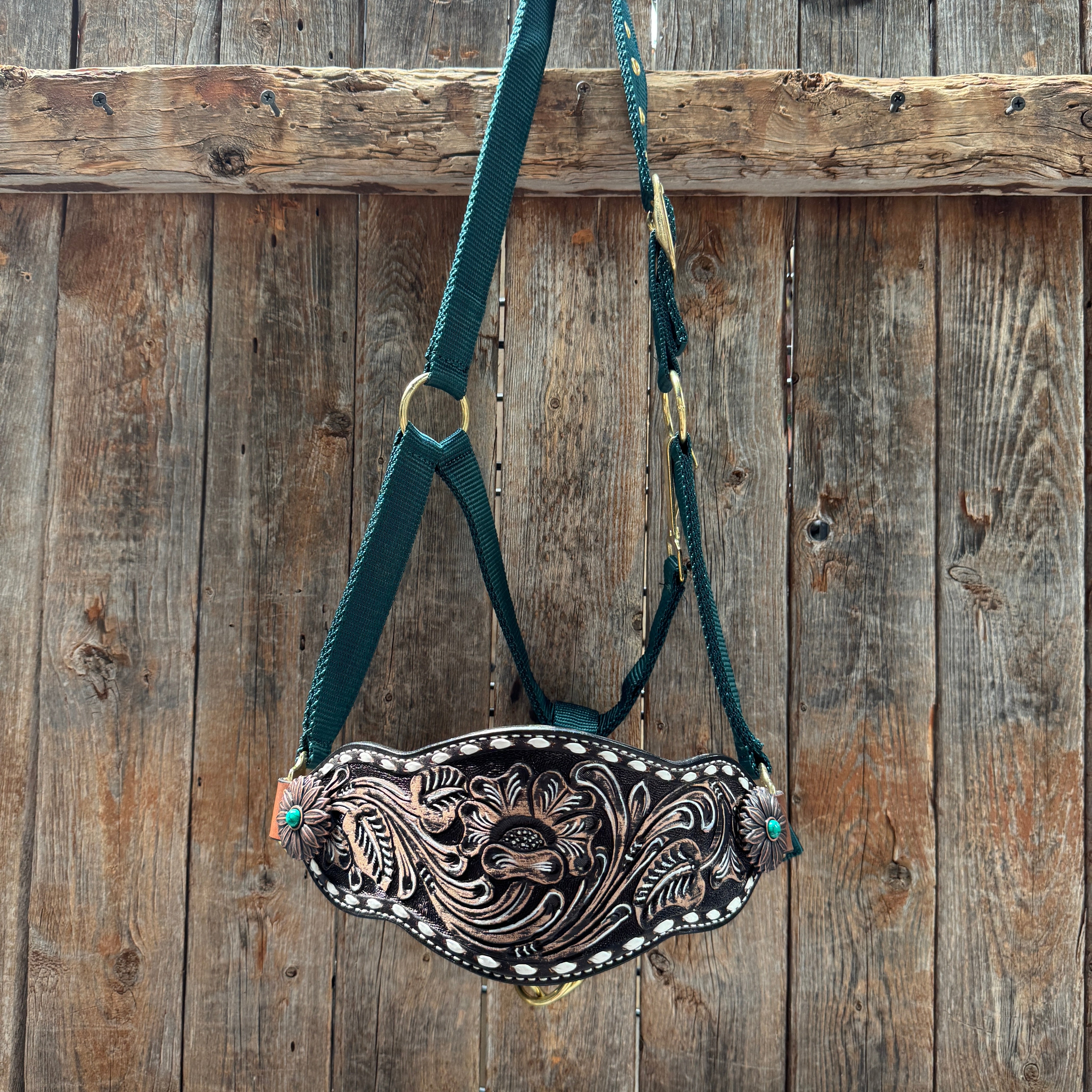 Hunter Green Nylon Horse Halter – Bronc Noseband with Western Conchos NH114