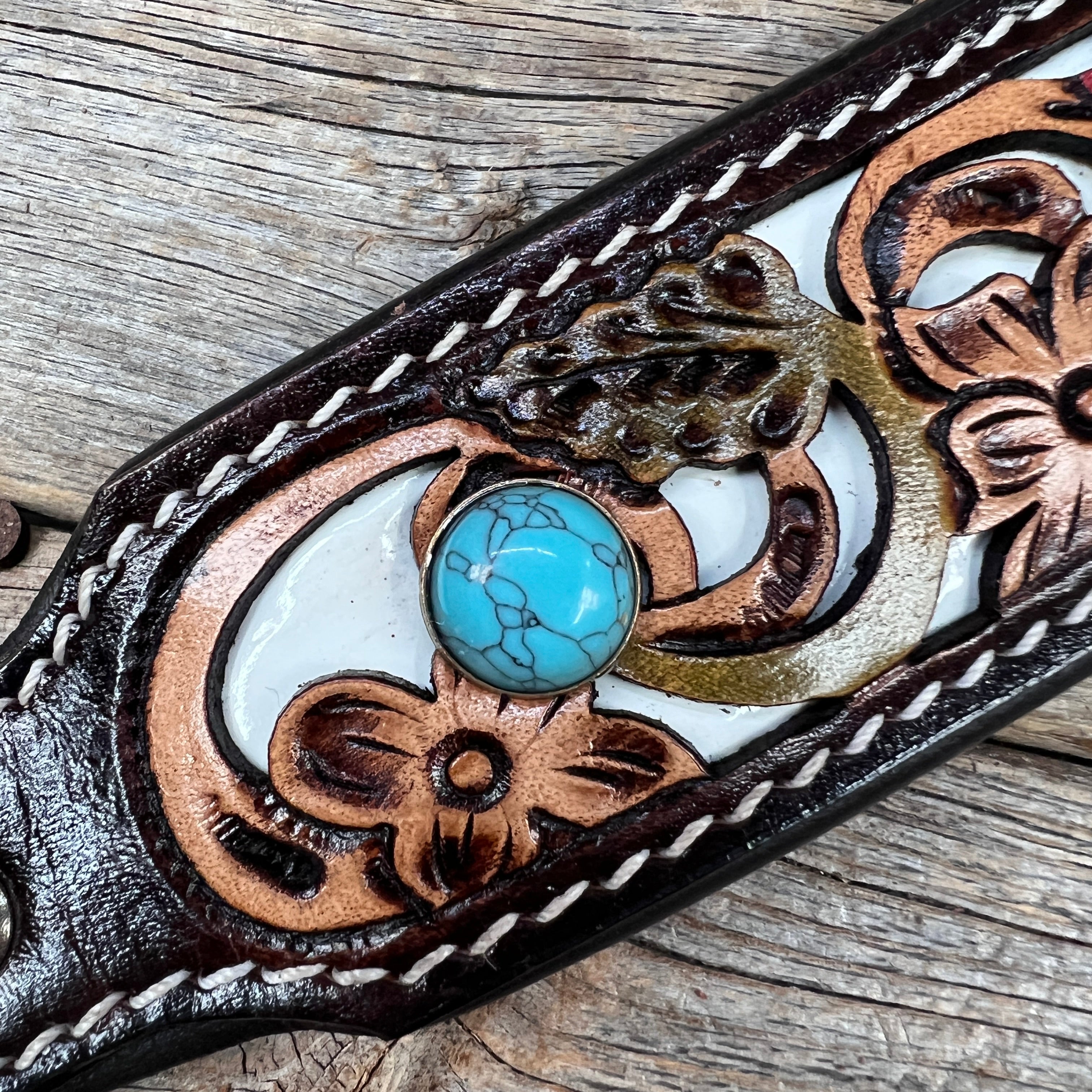 DC65- Floral White Inlay Wide Dog Collar SM-LG Turquoise Cabochons