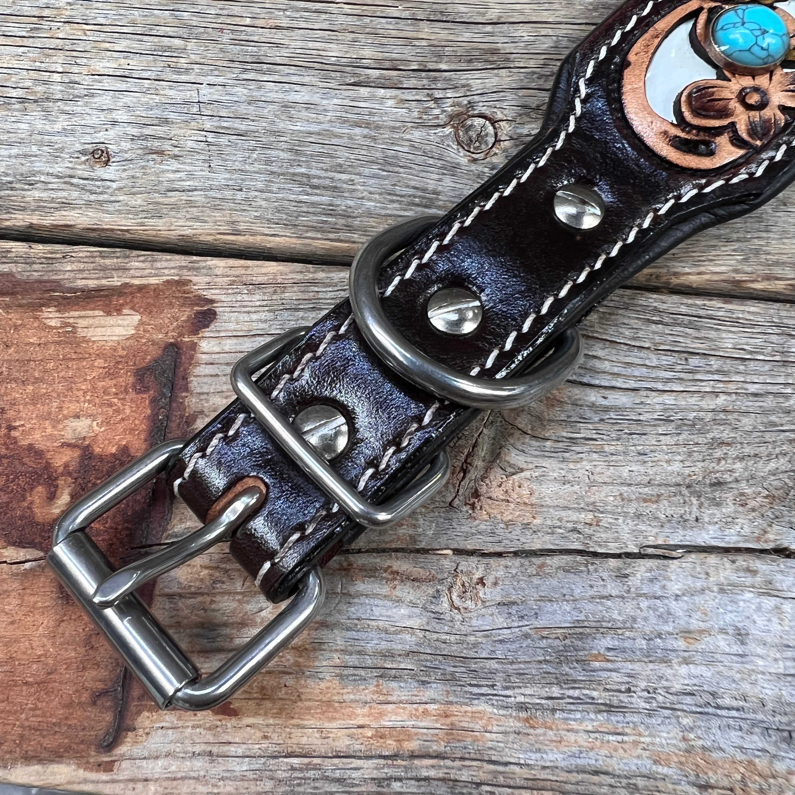 DC65- Floral White Inlay Wide Dog Collar SM-LG Turquoise Cabochons