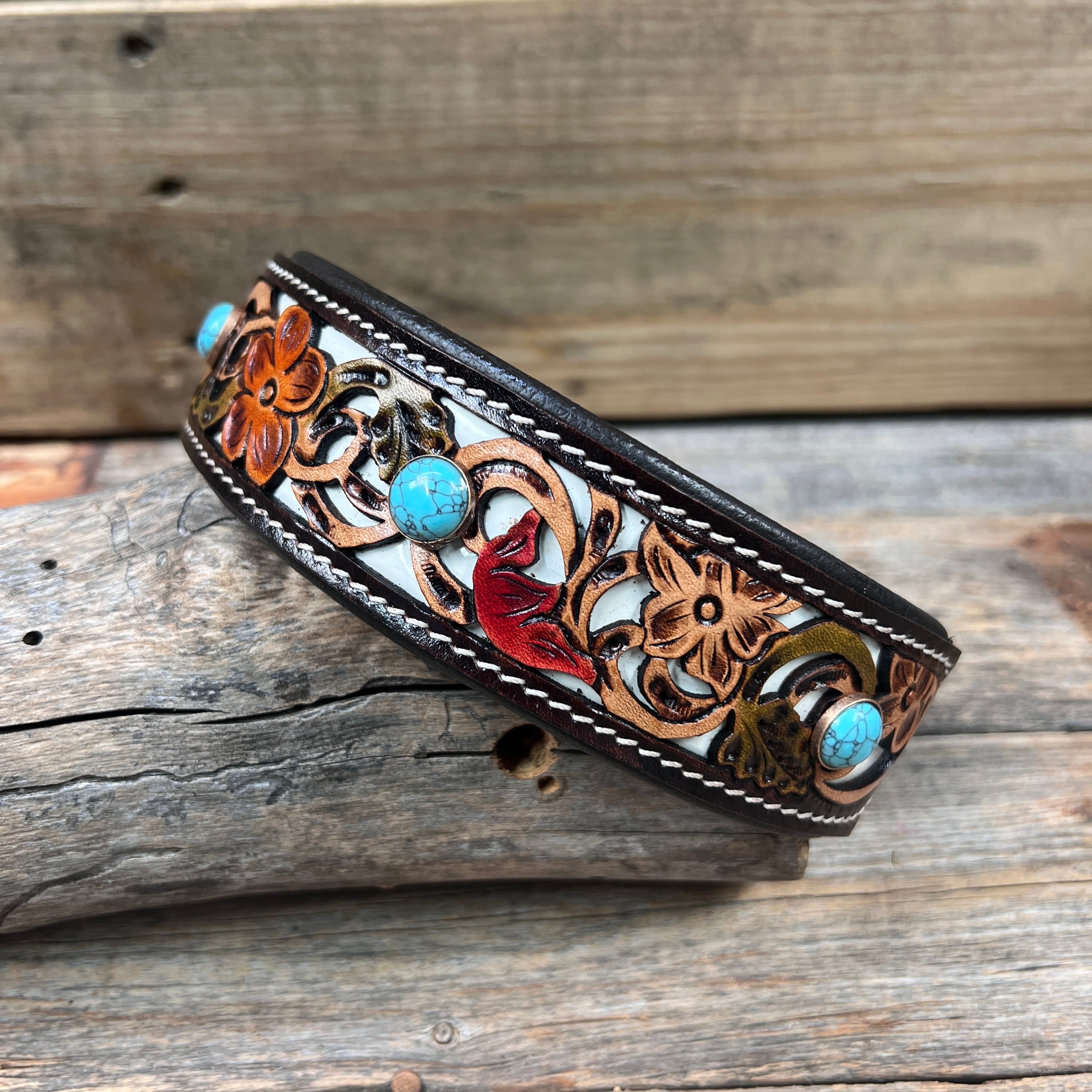 DC65- Floral White Inlay Wide Dog Collar SM-LG Turquoise Cabochons