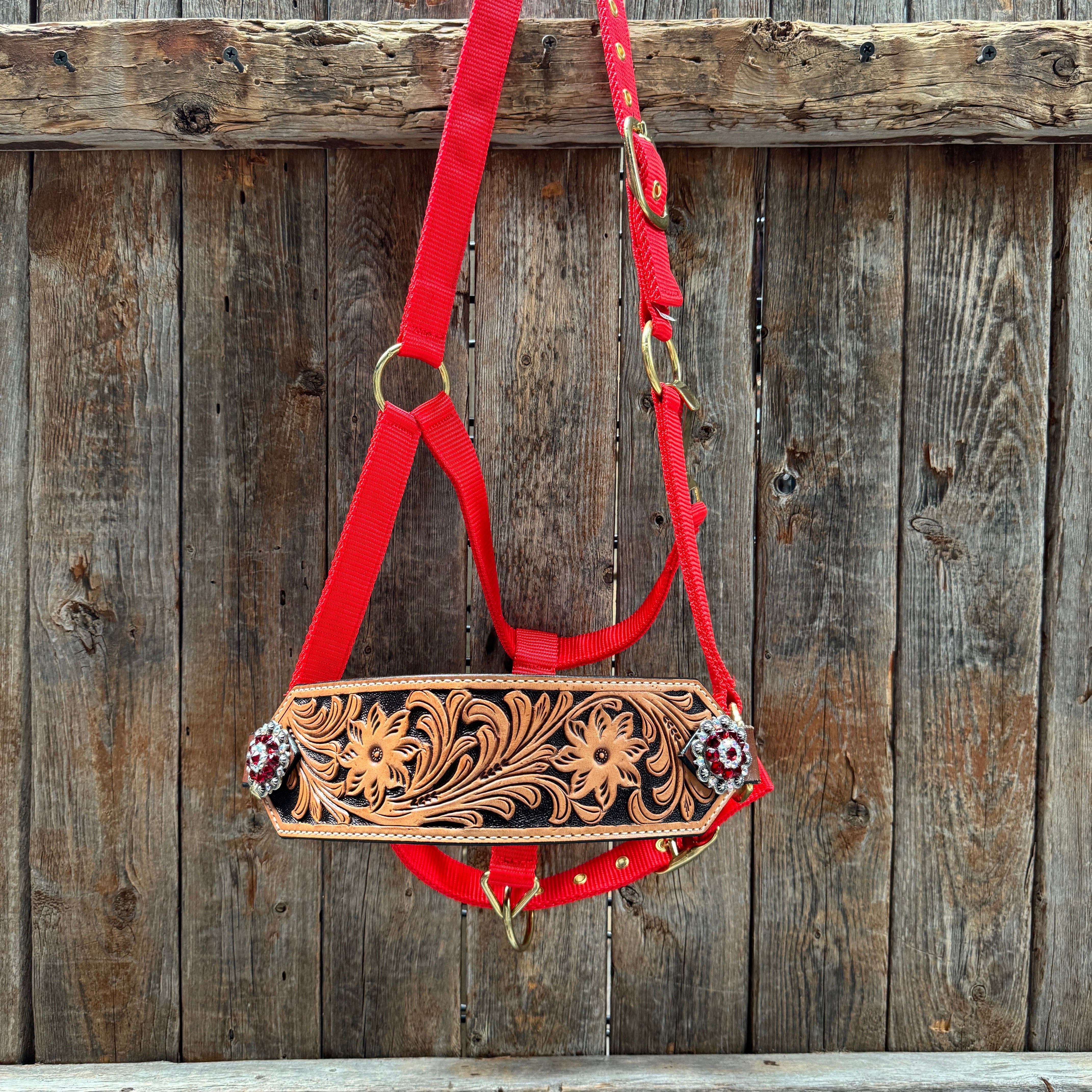 Red Nylon Horse Halter – Bronc Noseband with Crystal Conchos NH113