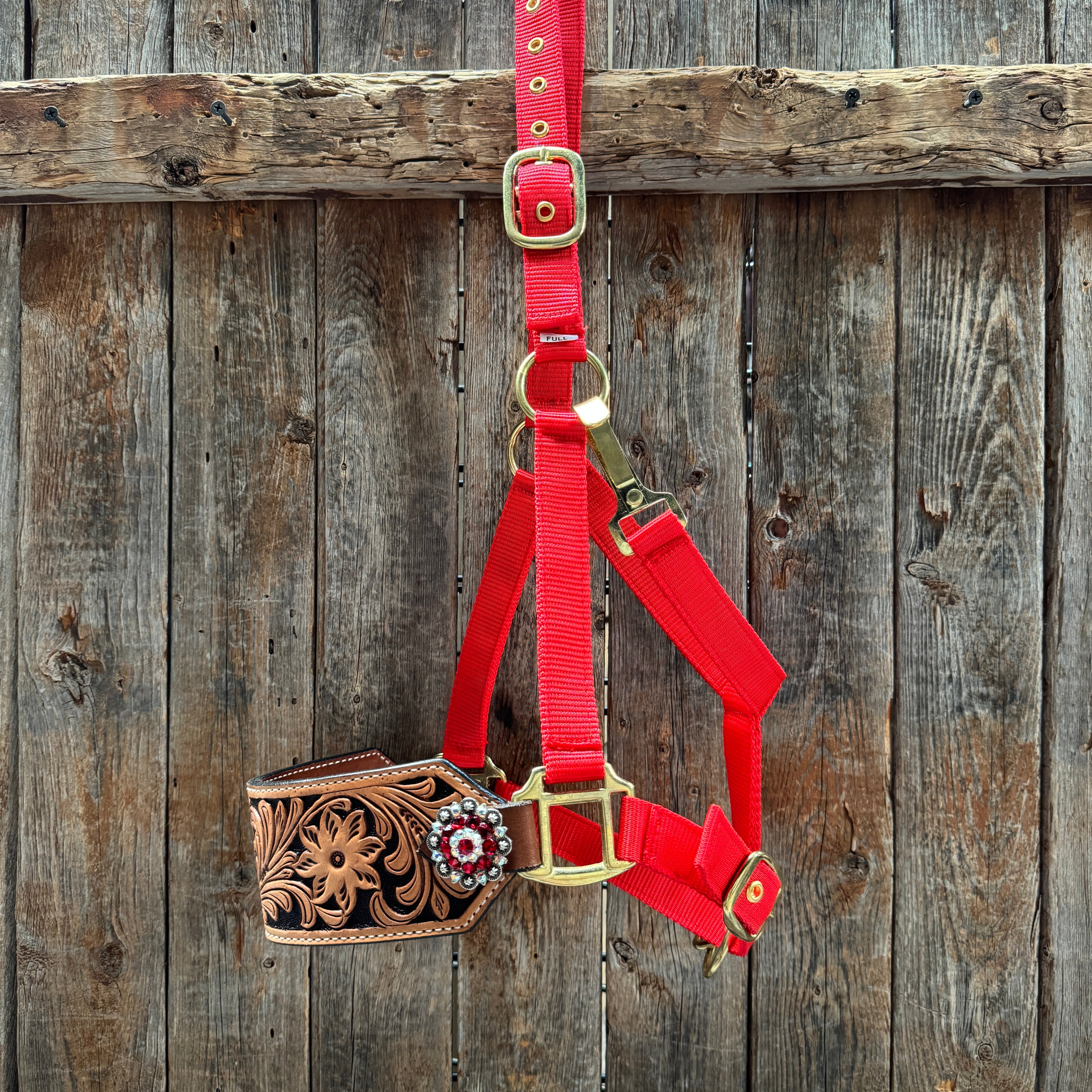 Red Nylon Horse Halter – Bronc Noseband with Crystal Conchos NH113