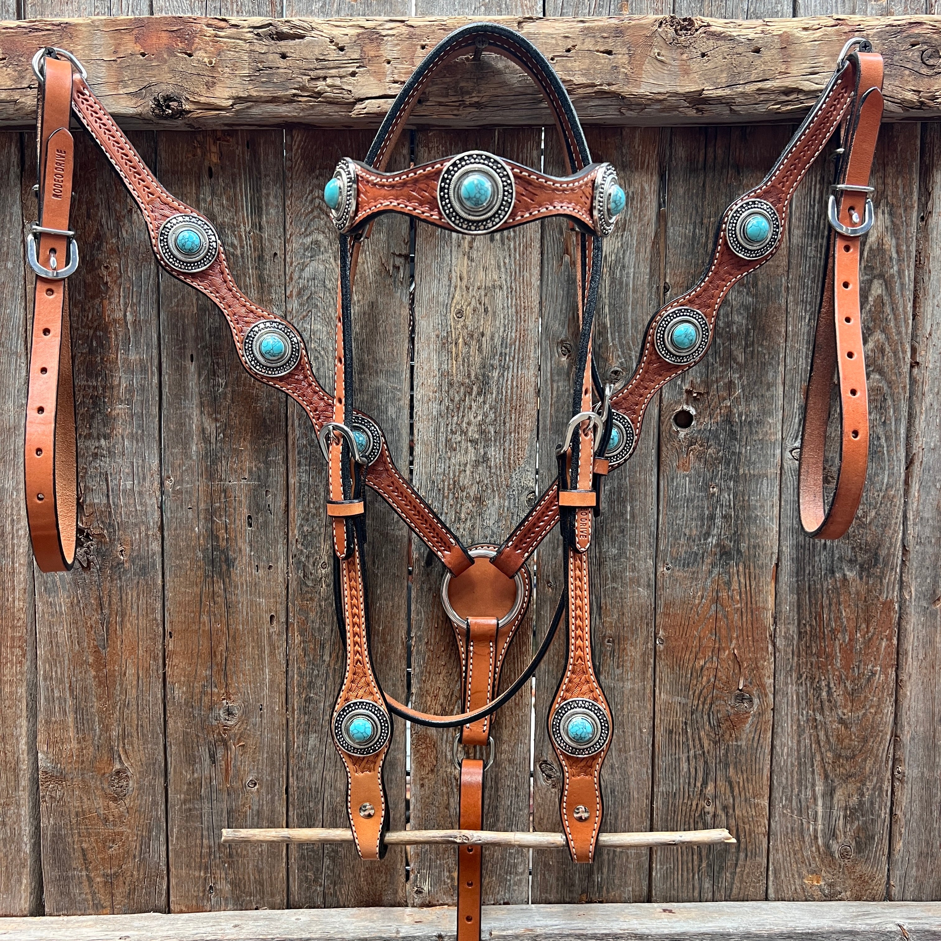 Light Oil Basketweave Turquoise and Dots Browband/One Ear Tack Set  #BBBC639