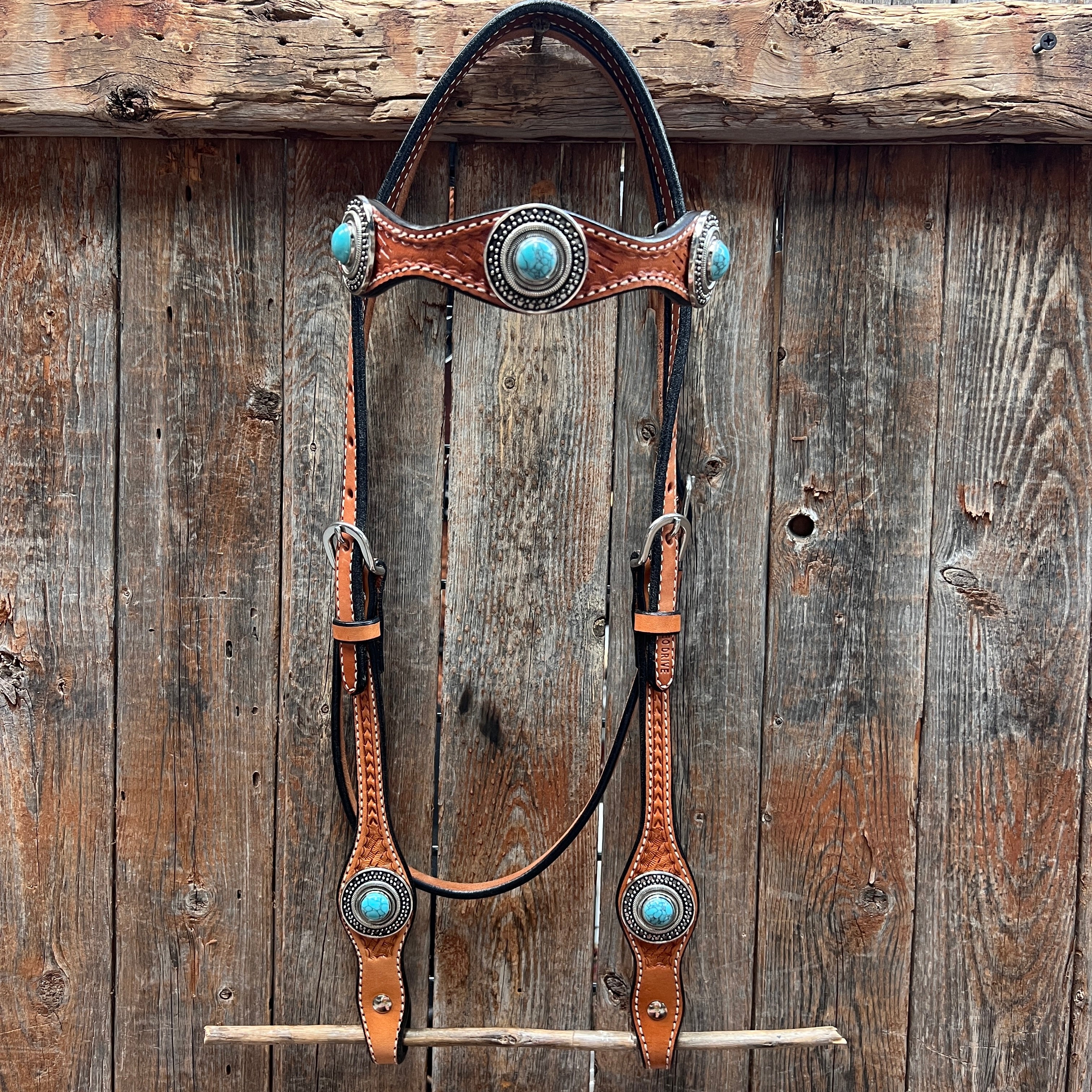 Light Oil Basketweave Turquoise and Dots Browband/One Ear Tack Set  #BBBC639