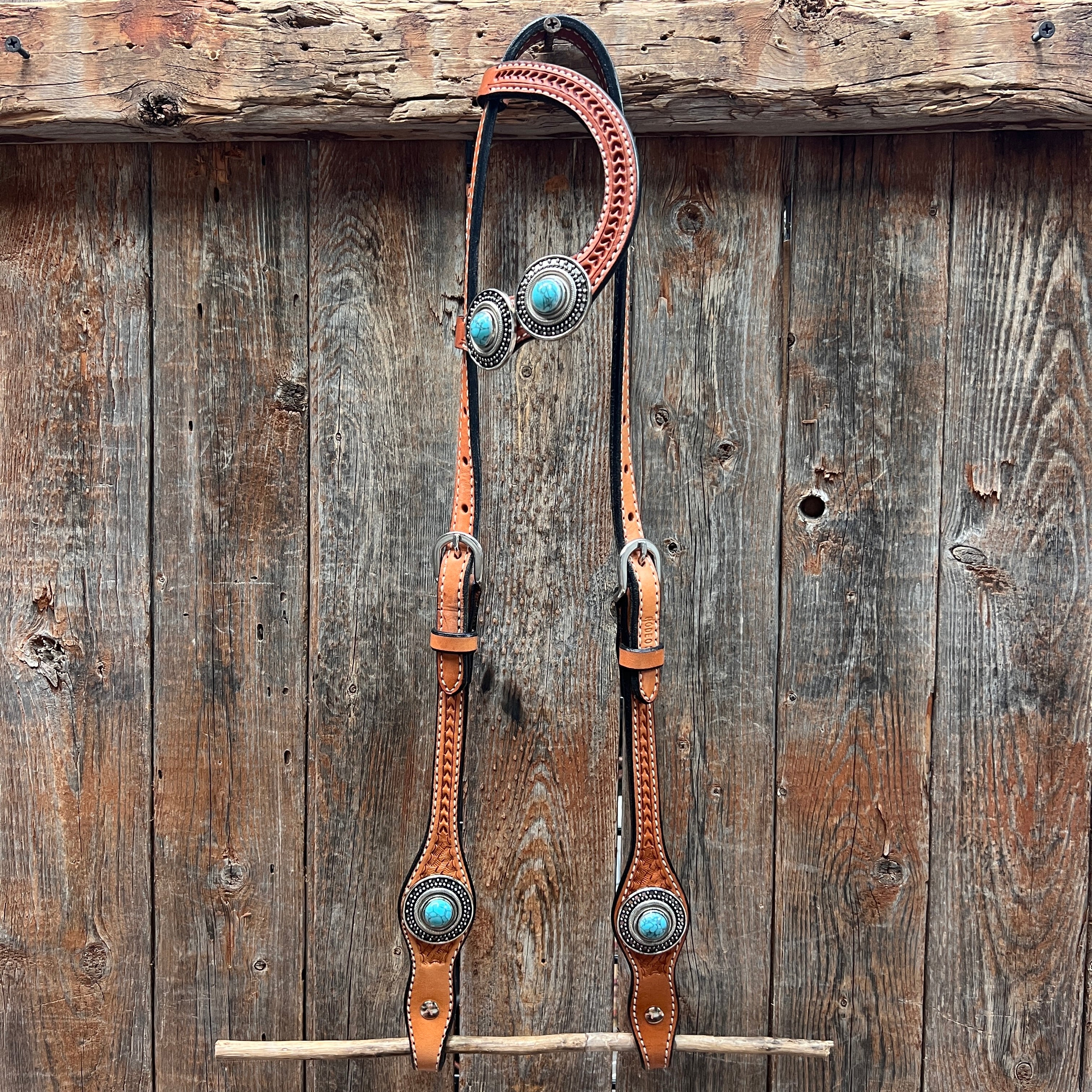 Light Oil Basketweave Turquoise and Dots Browband/One Ear Tack Set  #BBBC639