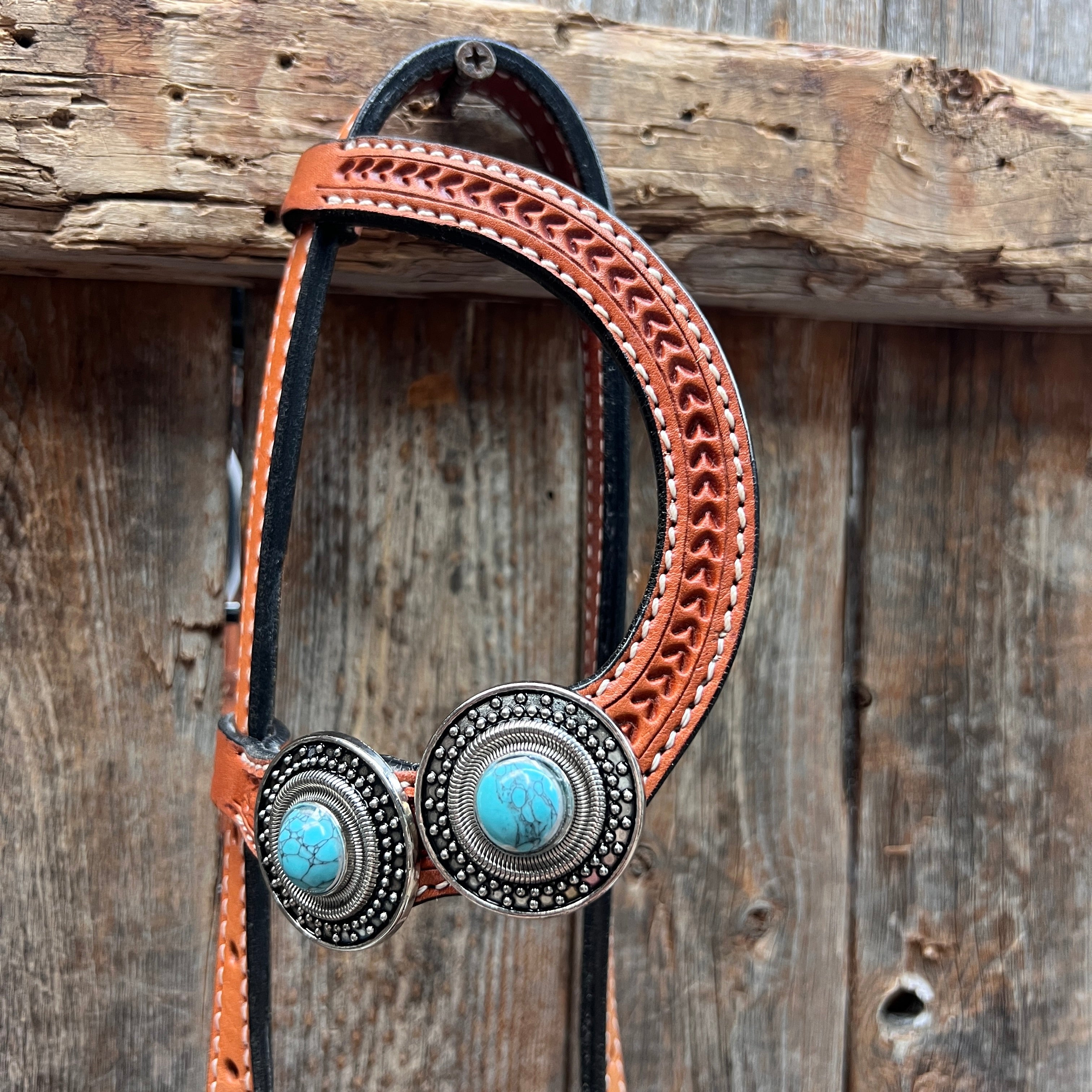 Light Oil Basketweave Turquoise and Dots Browband/One Ear Tack Set  #BBBC639
