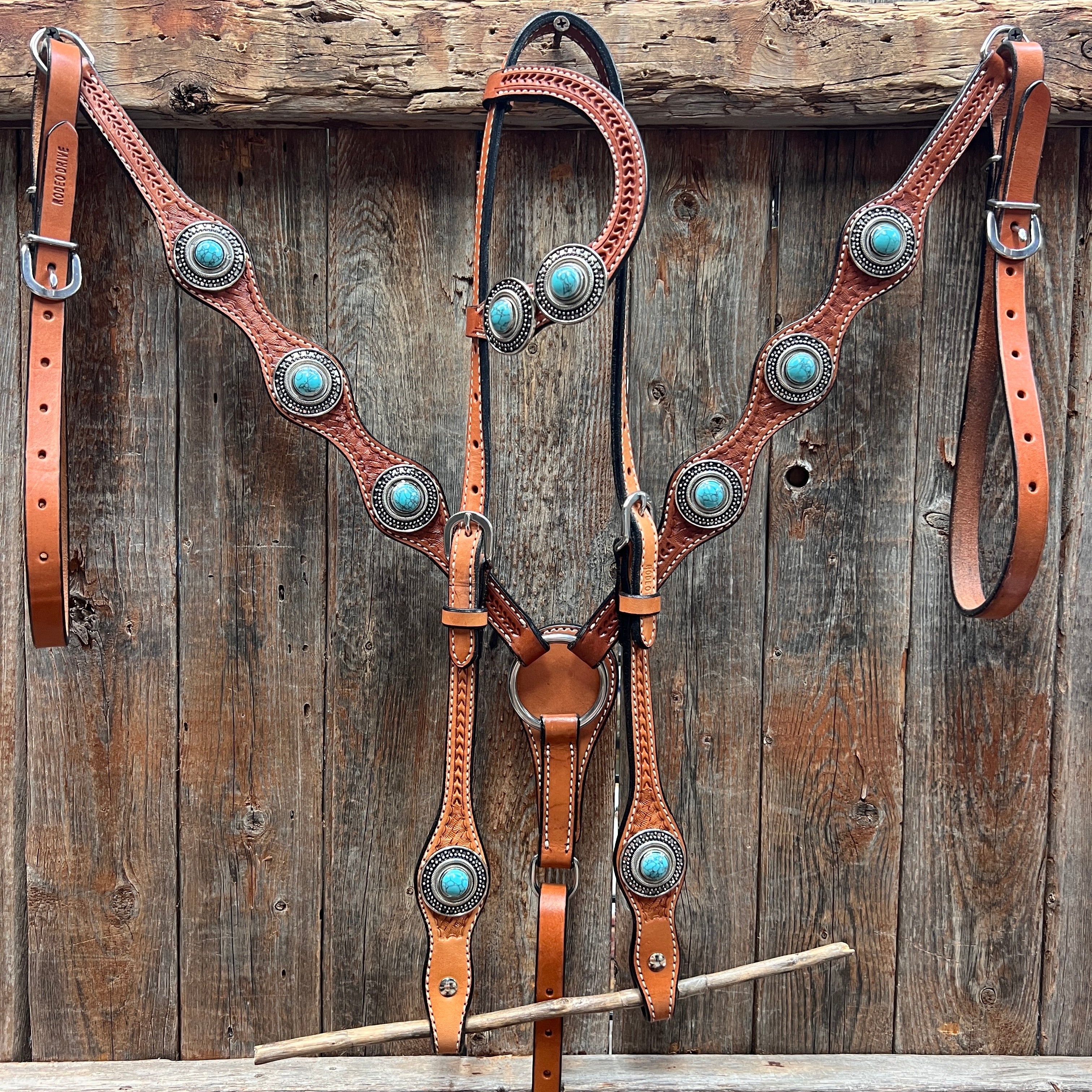 Light Oil Basketweave Turquoise and Dots Browband/One Ear Tack Set  #BBBC639