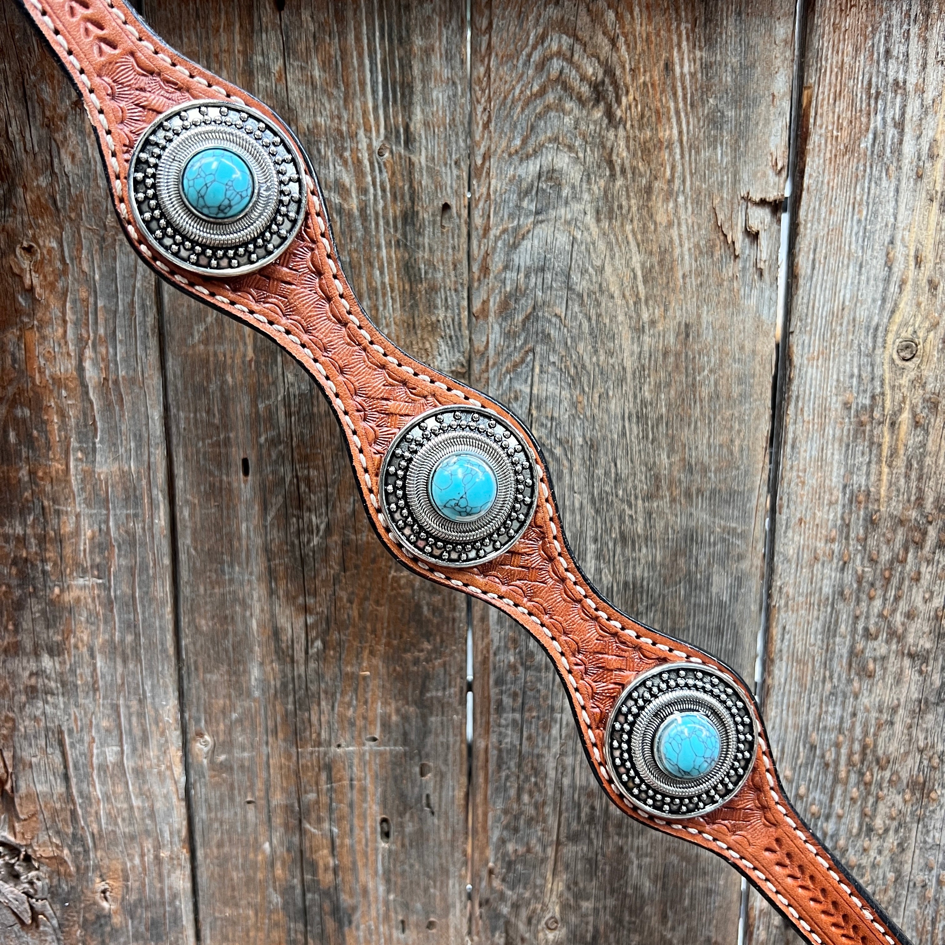 Light Oil Basketweave Turquoise and Dots Browband/One Ear Tack Set  #BBBC639