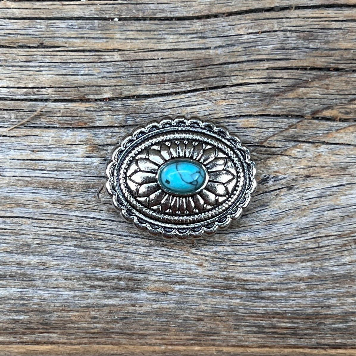 Antique Silver Oval Floral Turquoise Concho 1