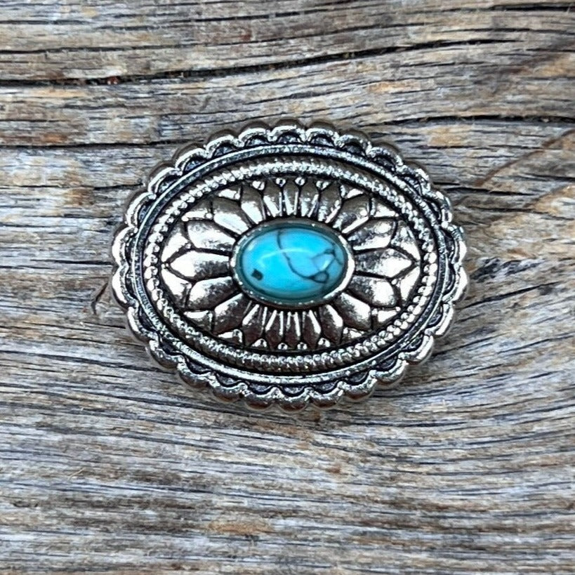 Antique Silver Oval Floral Turquoise Concho 1.5" W237L